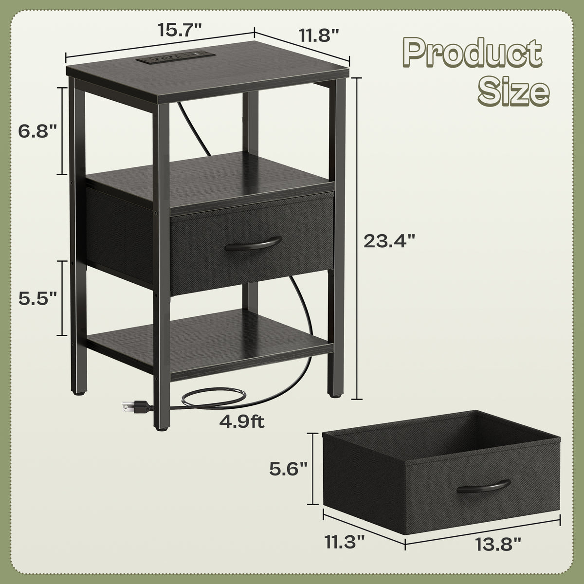 Nightstand with Charging Station, Adjustable Fabric Drawer, 3-Tier Bed Side Table, Night Stand for Bedroom, Storage End Table, Black
