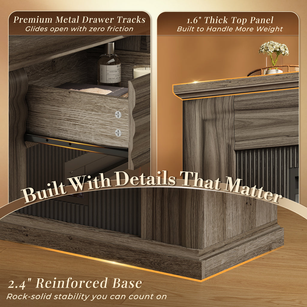Amadwell 70'' Fireplace TV Stand for 65 75'' TV, Farmhouse TV Stand with 42'' Electric Fireplace, Entertainment Center TV Console for Living Room, 3 Storage Drawers & Fluted Design, Natural