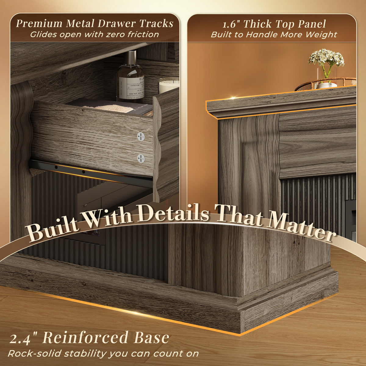Amadwell 70'' Fireplace TV Stand for 65 75'' TV, Farmhouse TV Stand with 42'' Electric Fireplace, Entertainment Center TV Console for Living Room, 3 Storage Drawers & Fluted Design, Natural