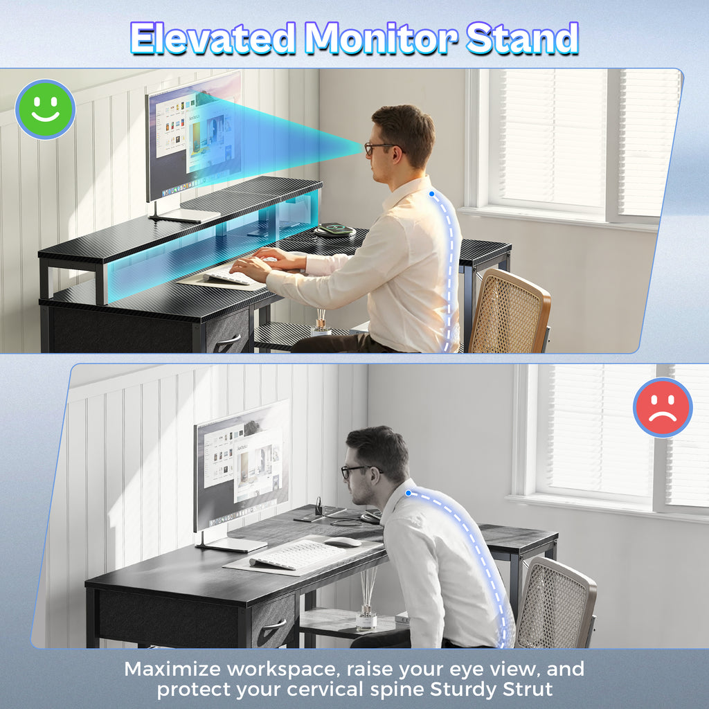 Amadwell 47 Inch L Shaped Desk with LED Strip, Corner Gaming Desk with Power Outlet, Drawer & Shelves, Black