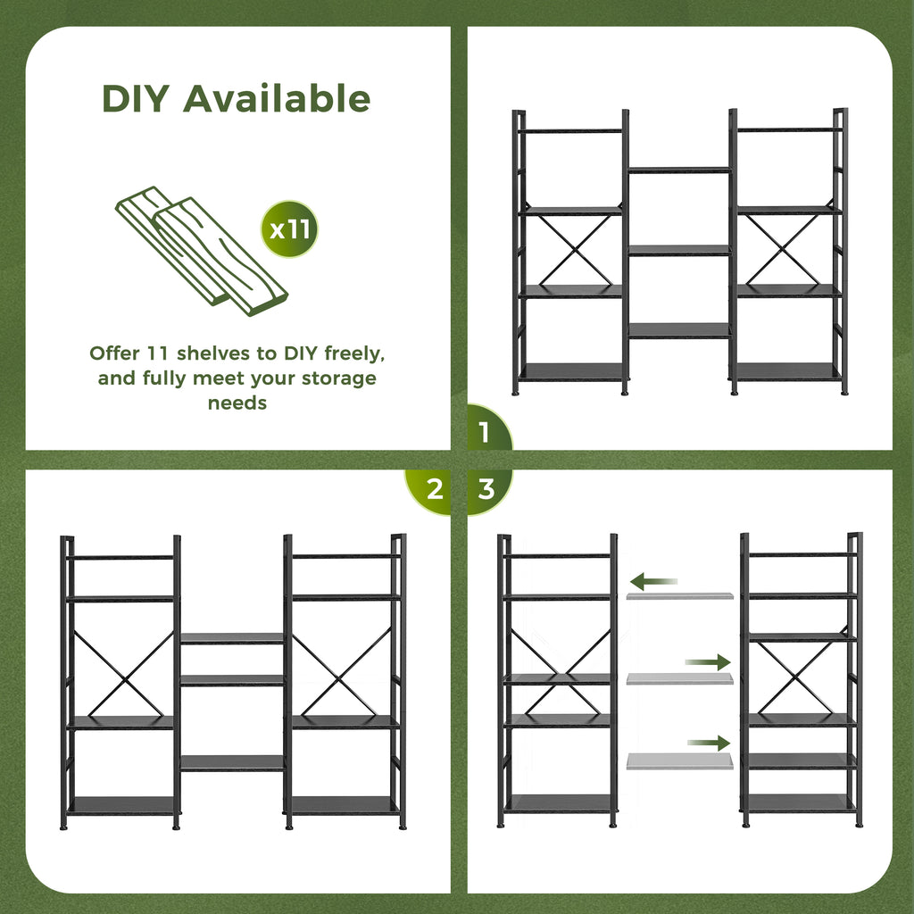 Amadwell 4 Tier Industrial Bookcase, Large Shelf Bookshelf, 11 Units Storage for Living Room, Black