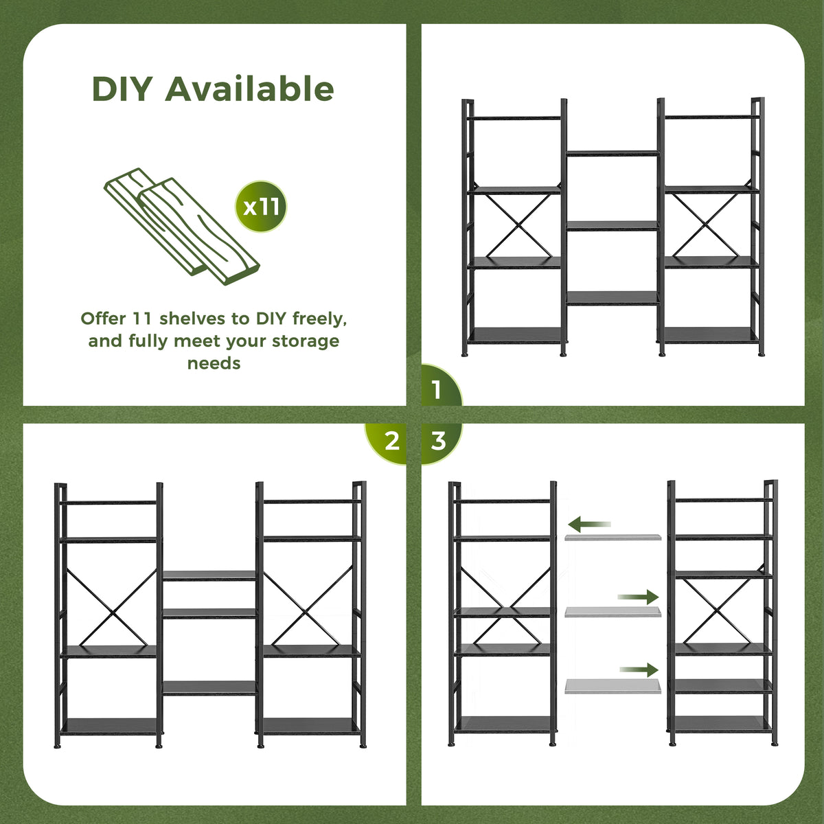 Amadwell 4 Tier Industrial Bookcase, Large Shelf Bookshelf, 11 Units Storage for Living Room, Black
