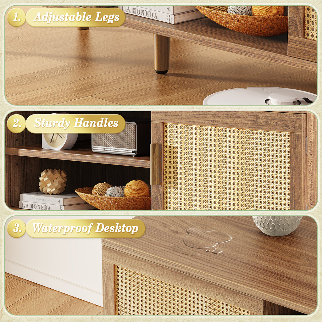 Amadwell Rattan TV Stand for 60" TVs, Adjustable Shelf, Natural Living Room Entertainment Center, Brown
