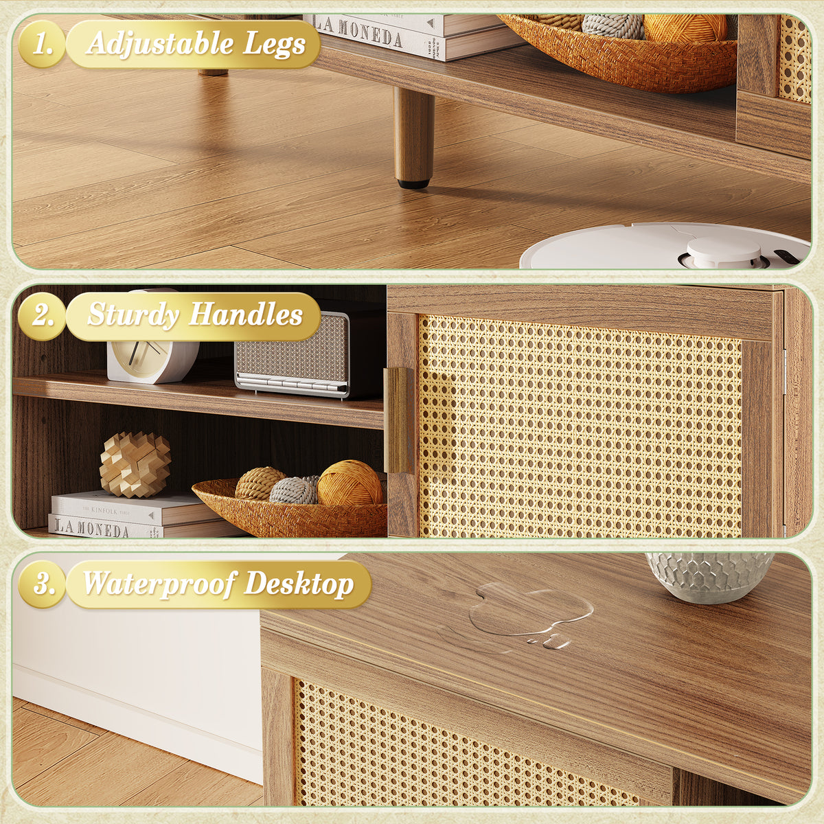 Amadwell Rattan TV Stand for 60" TVs, Adjustable Shelf, Natural Living Room Entertainment Center, Brown