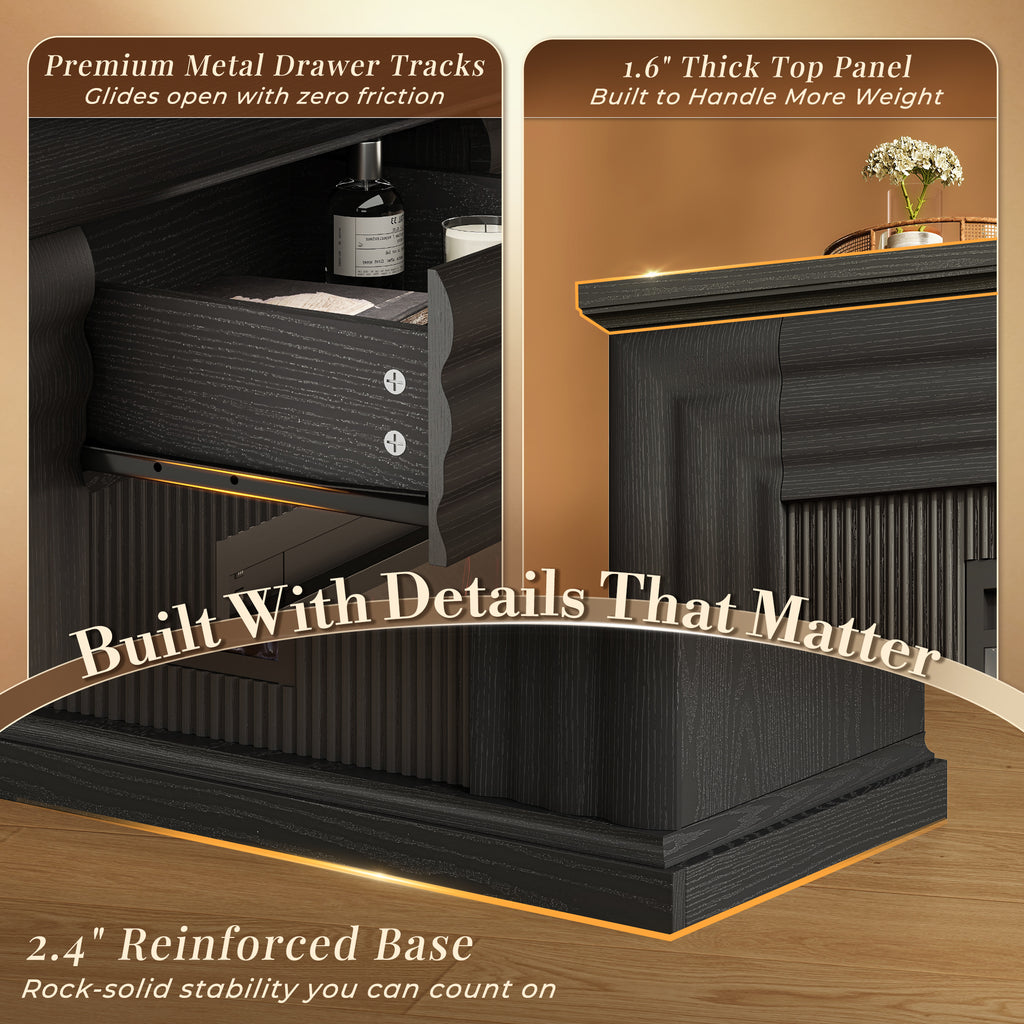 Amadwell 70'' Fireplace TV Stand for 65 75'' TV, Farmhouse TV Stand with 42'' Electric Fireplace, Entertainment Center TV Console for Living Room, 3 Storage Drawers & Fluted Design, Black