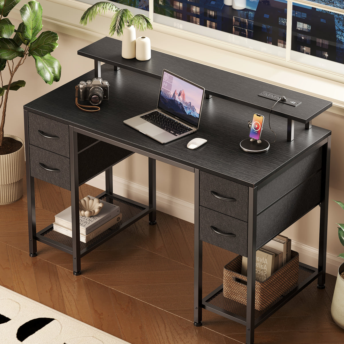 Amadwell 47" Gaming Computer Desk with LED Lights, Power Outlets, Home Office Writing Desk with 4 Drawers, Black