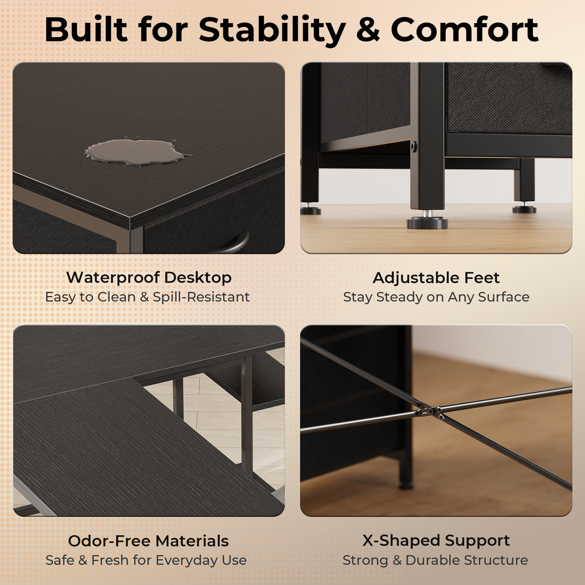 55 Inch L-Shaped Desk with Fabric Drawers, Reversible Home Office & Gaming Desk with Power Outlets, USB-C, and Adjustable Storage Shelves, Black