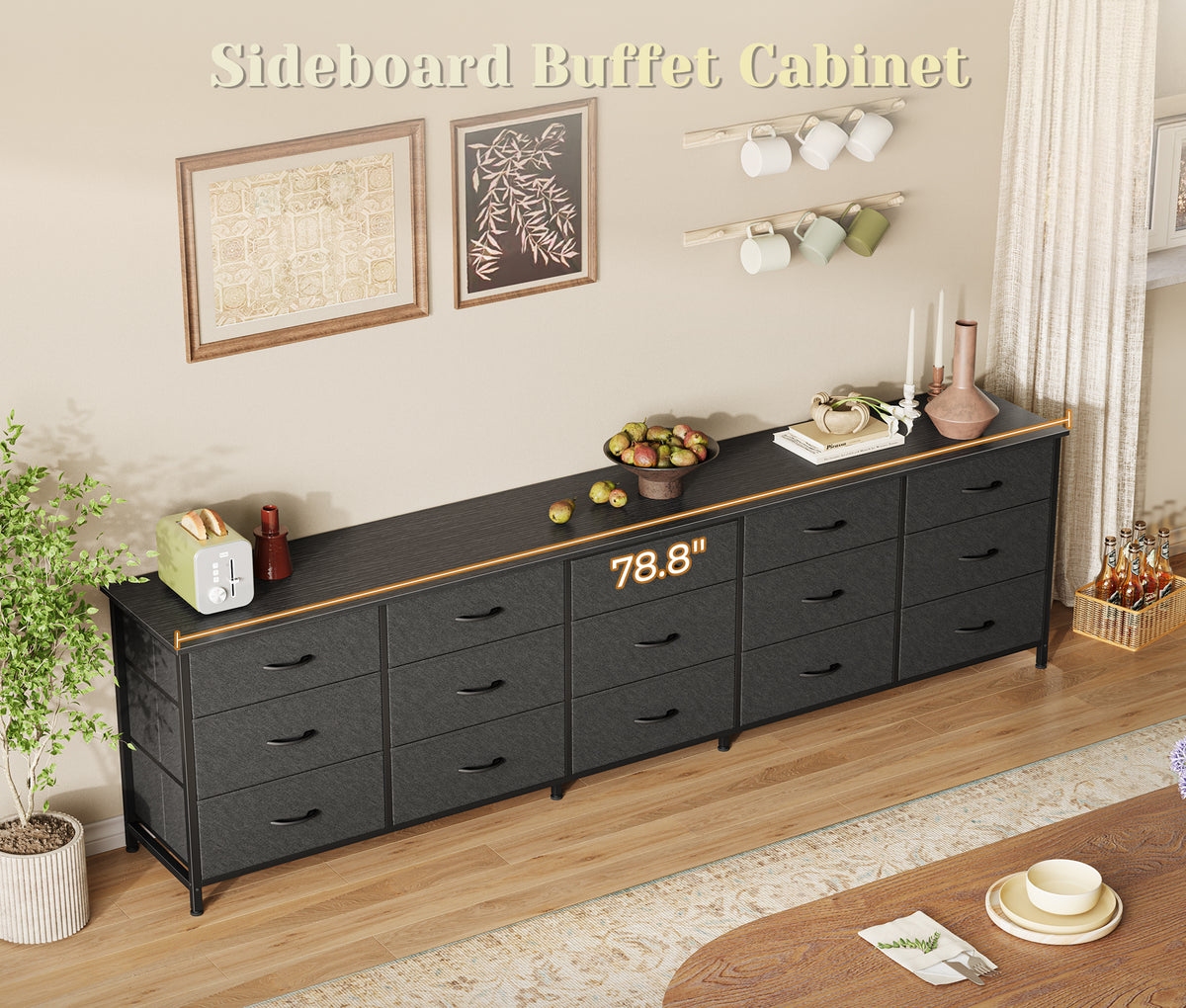 Amadwell 78.8 Inch Dresser with 15 Fabric Drawers, Large TV Stand for 65, 75, 85 Inch TV, Long Dresser for Bedroom, Entertainment Center for Living Room, Chest of Drawers & Storage,Black