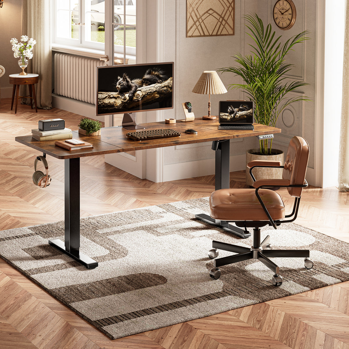 Amadwell 63" Electric Height Adjustable Standing Desk, 27.6" Deep Work Table with Cable Management, Home Office Desk, Brown