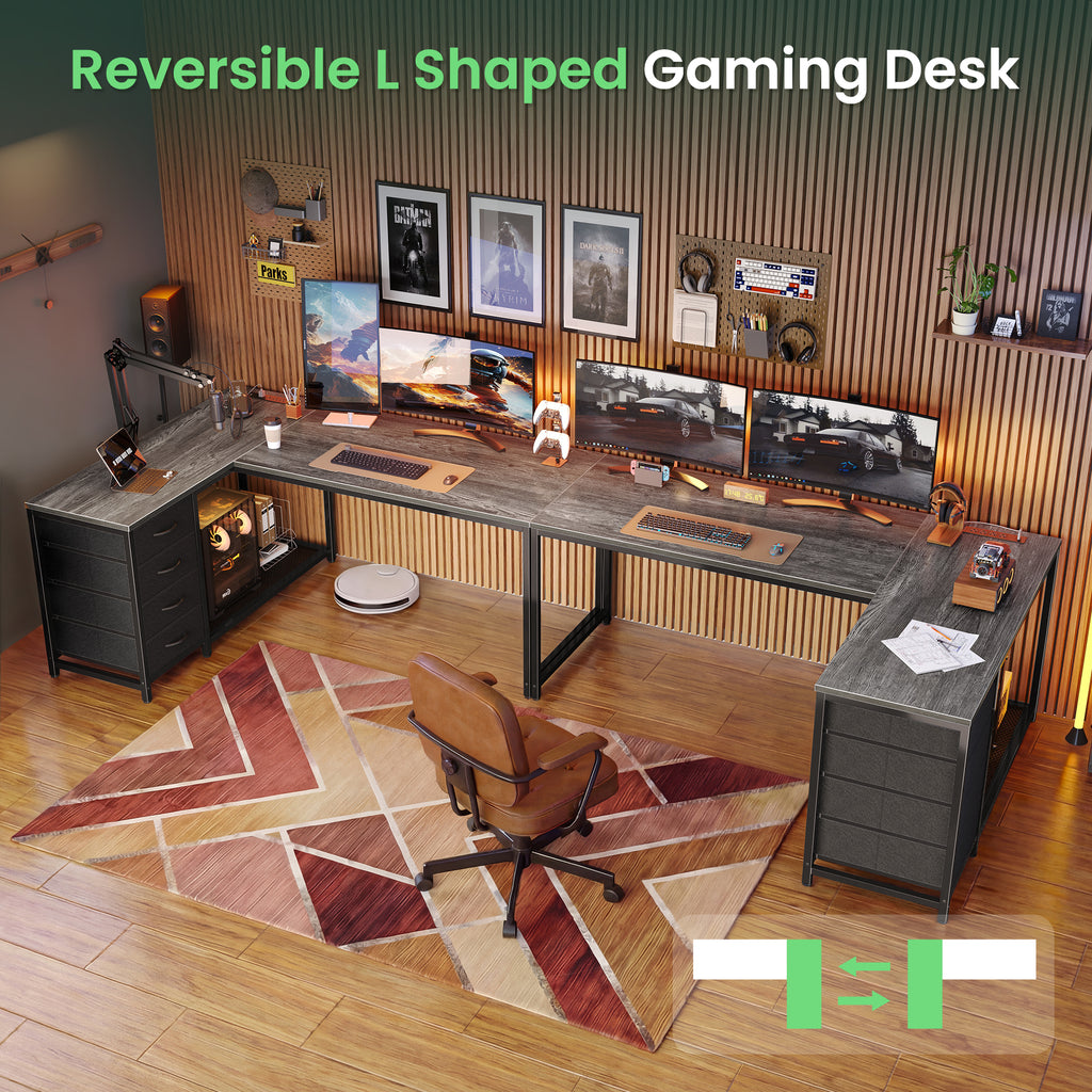 Amadwell 53 Inch L Shaped Desk with Power Outlets & Drawers, Reversible L-Shape Computer Desk, Gray