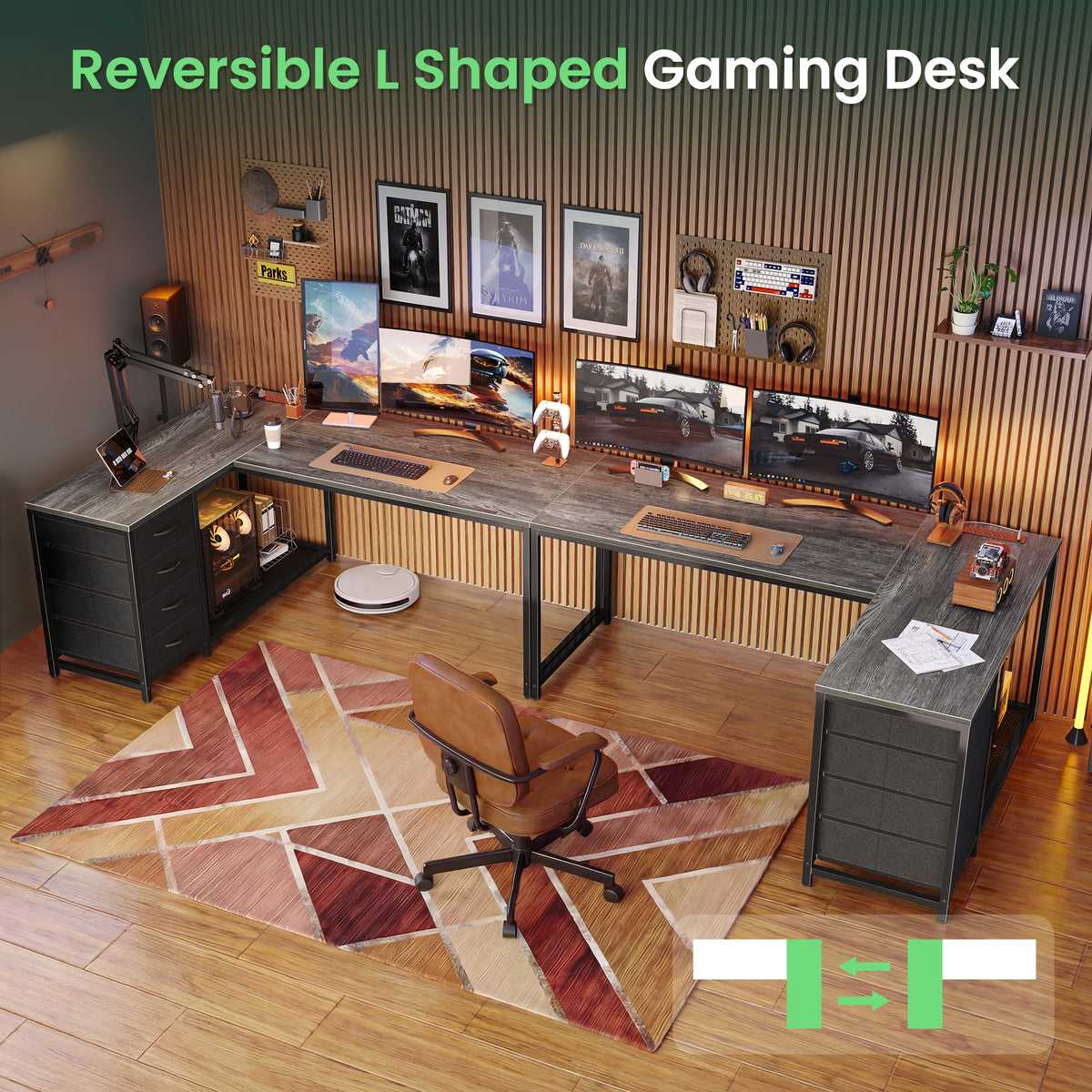Amadwell 53 Inch L Shaped Desk with Power Outlets & Drawers, Reversible L-Shape Computer Desk, Gray
