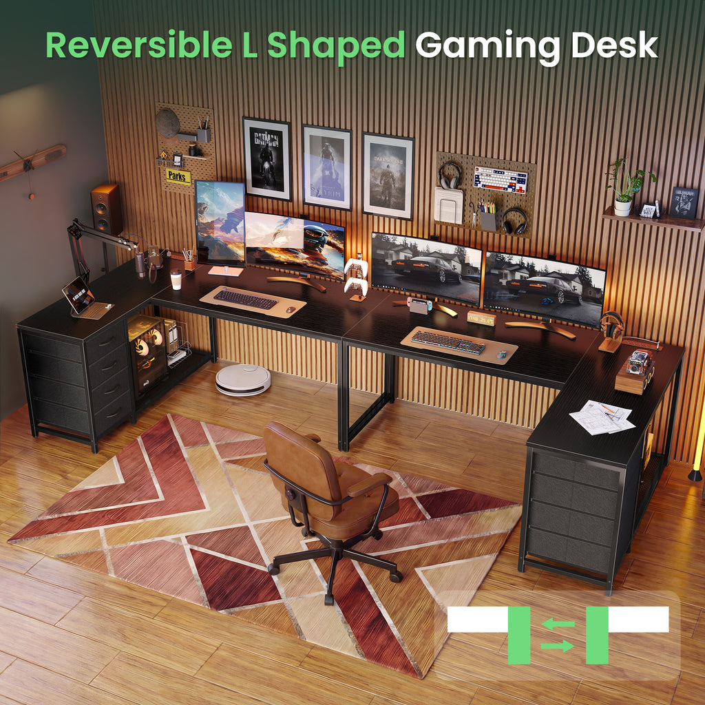 Amadwell 53 Inch L Shaped Desk with Power Outlets & Drawers, Reversible L-Shape Computer Desk, Black