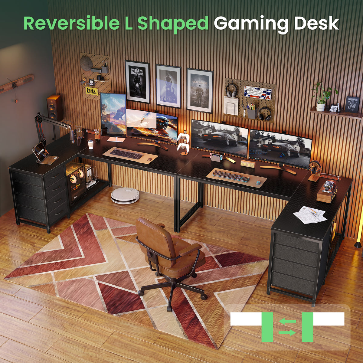 Amadwell 53 Inch L Shaped Desk with Power Outlets & Drawers, Reversible L-Shape Computer Desk, Black