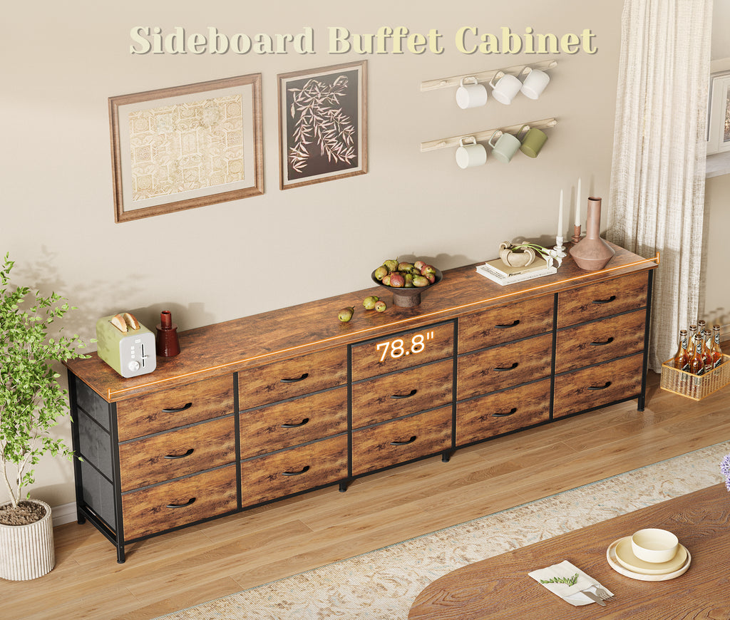 Amadwell 78.8 Inch Dresser with 15 Fabric Drawers, Large TV Stand for 65, 75, 85 Inch TV, Long Dresser for Bedroom, Entertainment Center for Living Room, Chest of Drawers & Storage, Rustic Brown