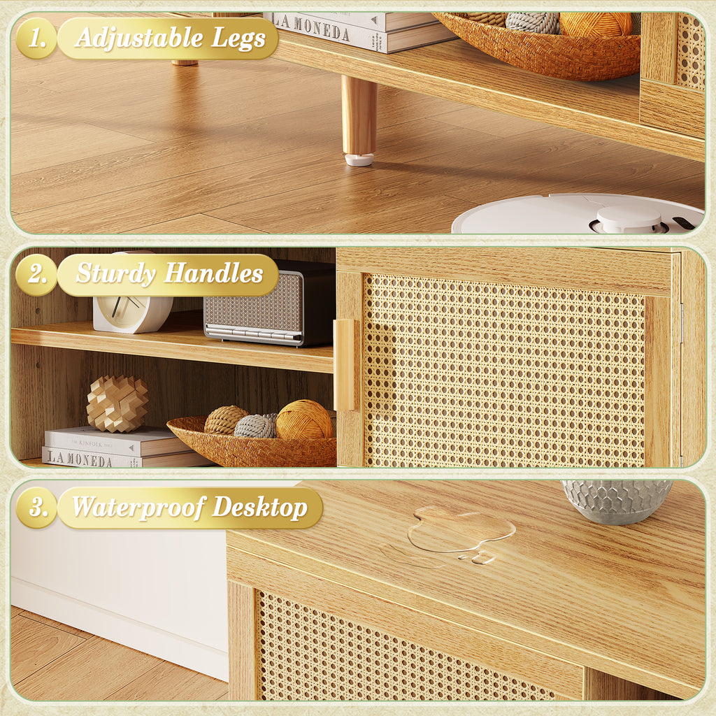 Amadwell Rattan TV Stand for 60" TVs, Adjustable Shelf, Natural Living Room Entertainment Center