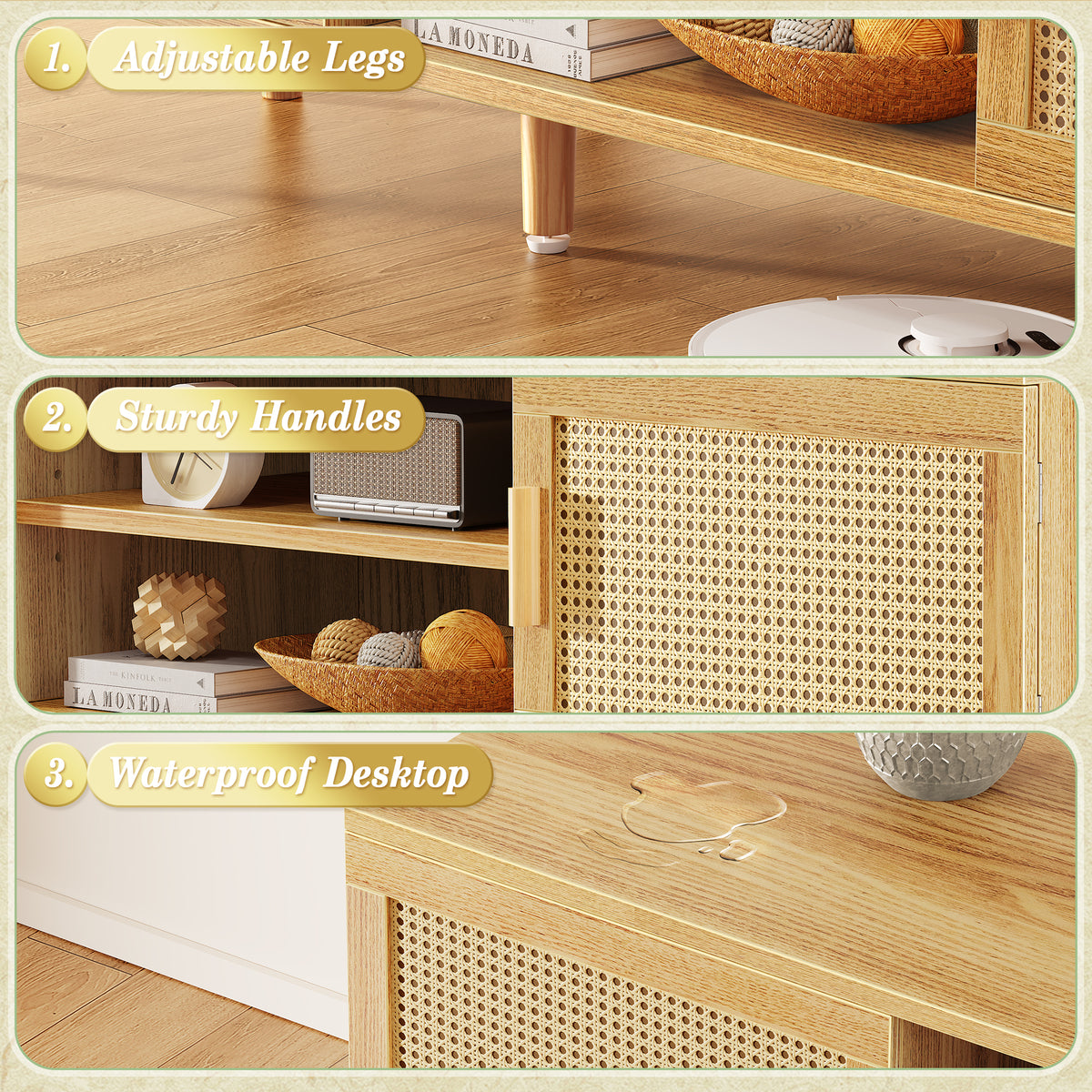 Amadwell Rattan TV Stand for 60" TVs, Adjustable Shelf, Natural Living Room Entertainment Center