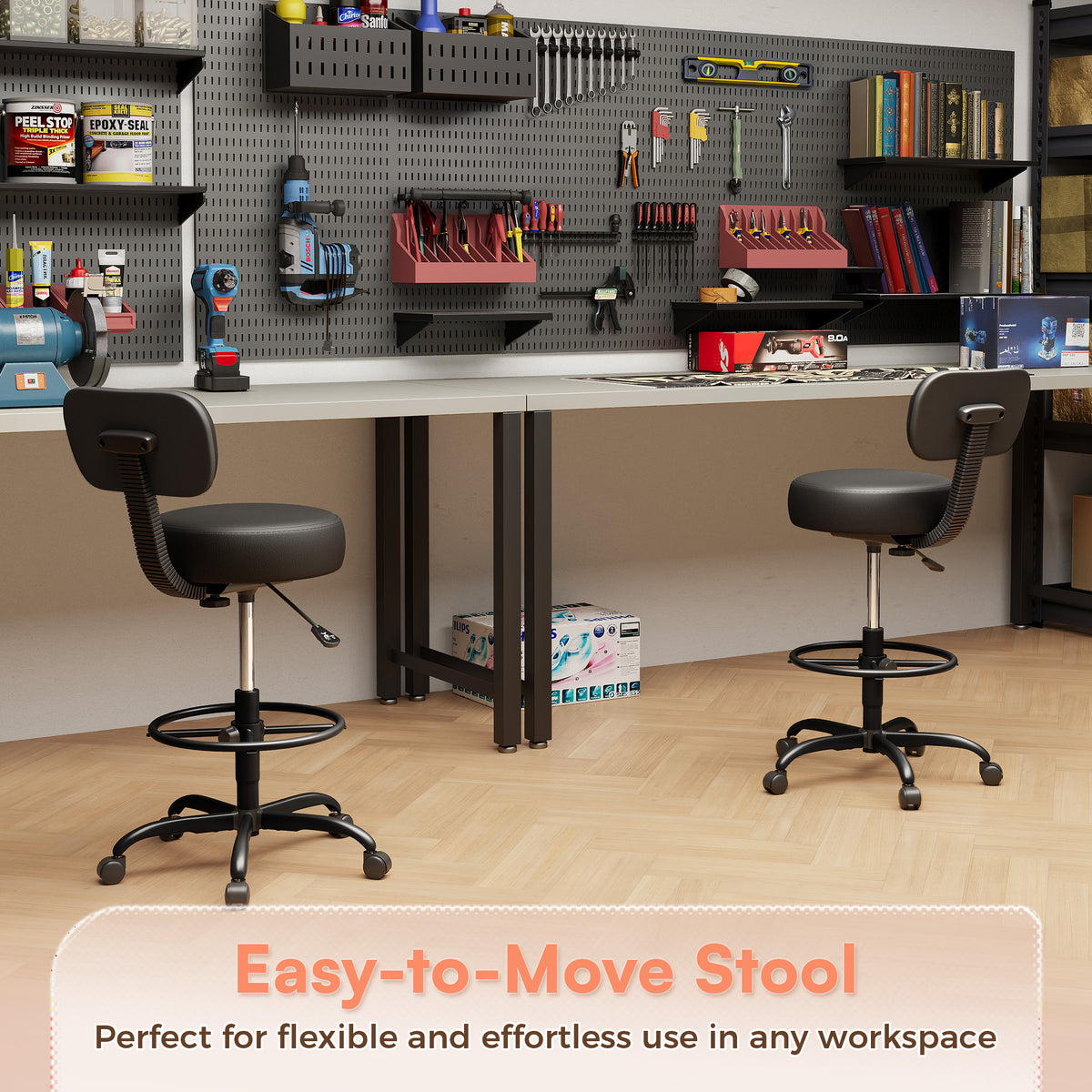 Amadwell Drafting Chair with Back Support, Adjustable Footrest Rolling Stool, Tall Office Desk Chair with Thick Cushion