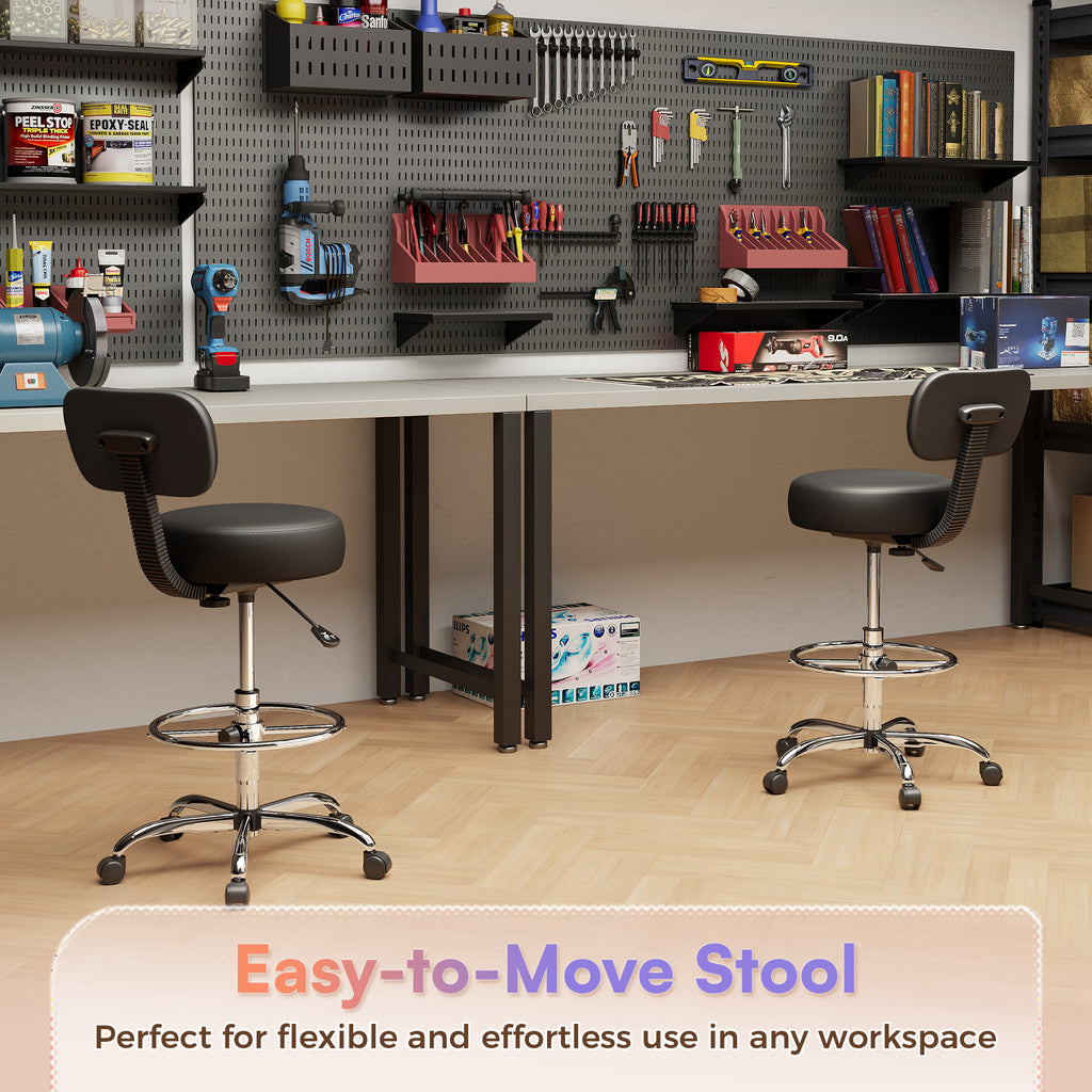 Amadwell Drafting Chair with Back Support, Adjustable Footrest Rolling Stool, Tall Office Desk Chair with Thick Cushion, Dark Black