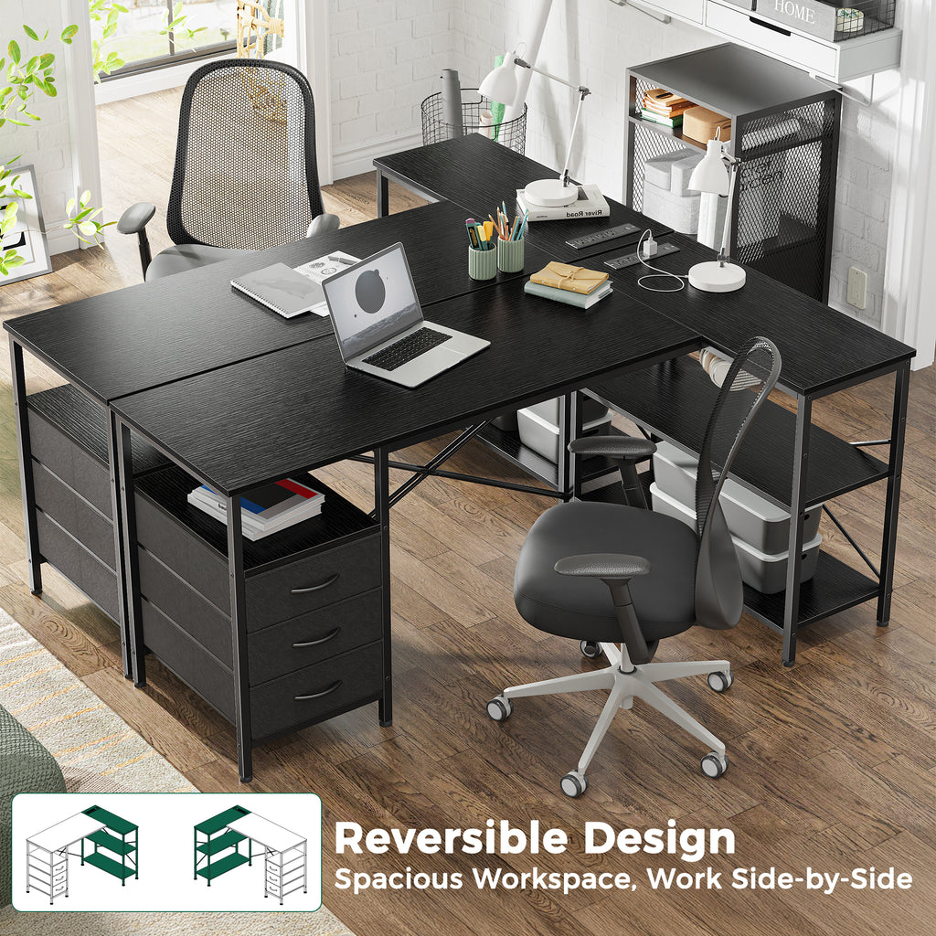 54 Inch L Shaped Office Desk with Power Outlets, Computer Desk with Drawers, Corner Desk for Home Office, Black
