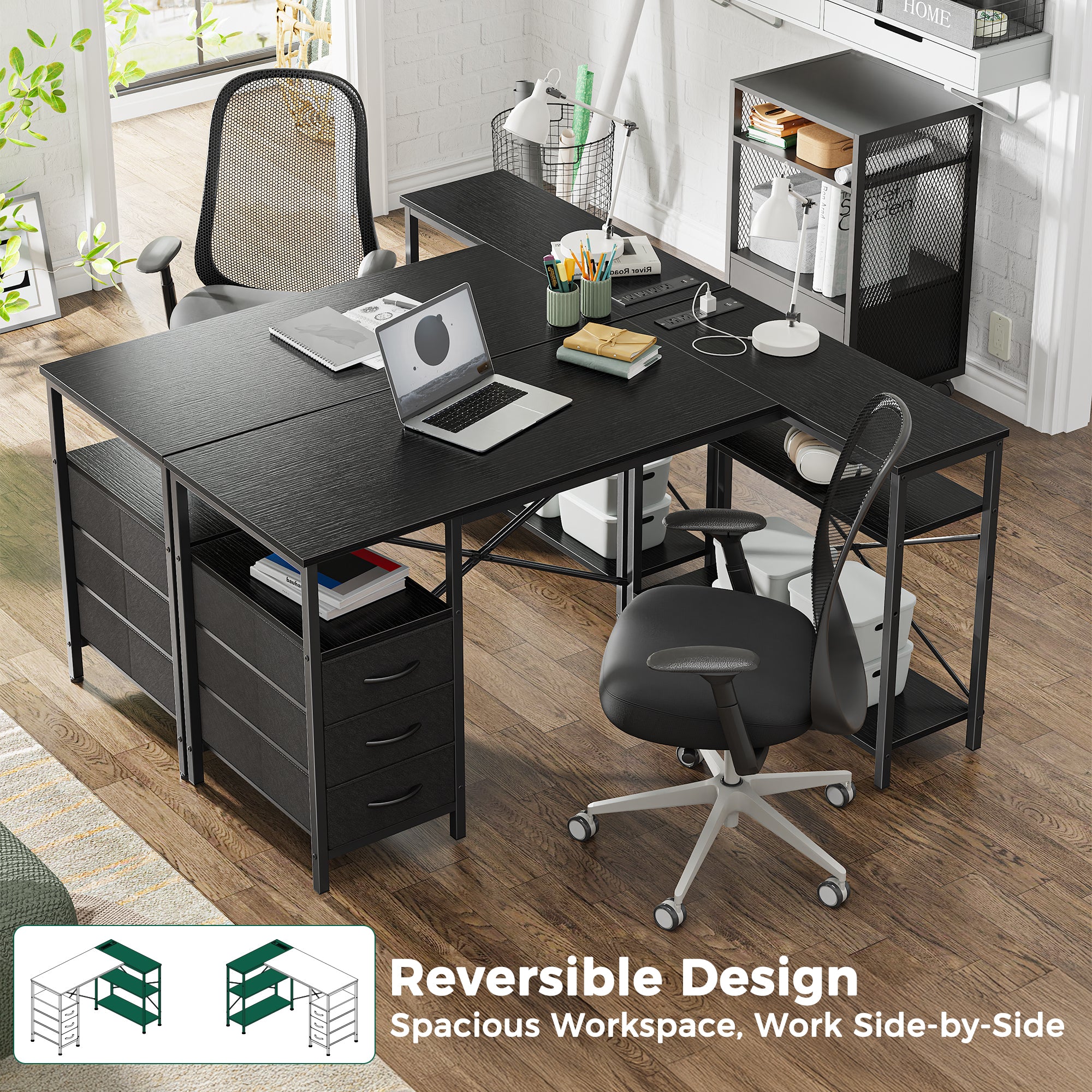 47 Inch L Shaped Office Desk with Power Outlets, Computer Desk with Drawers, Corner Desk for Home Office, Black