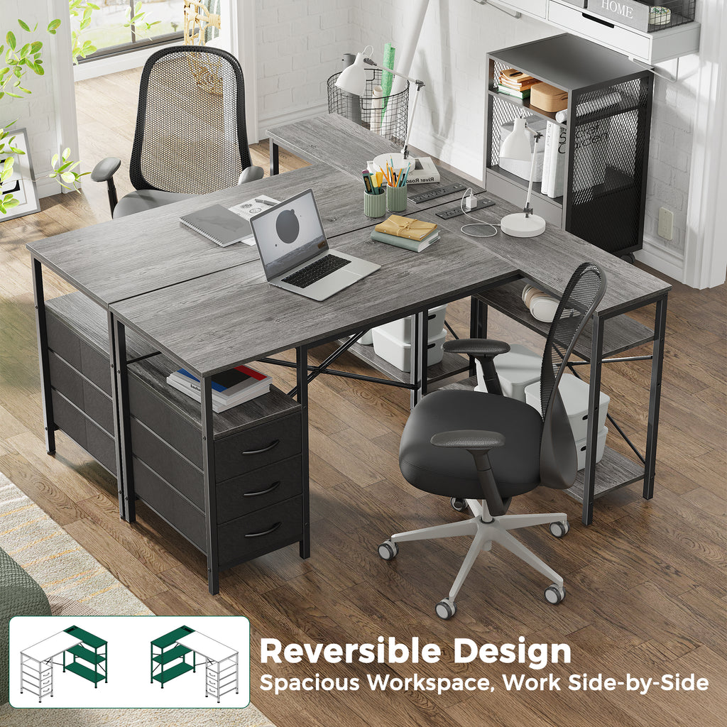 47 Inch L Shaped Office Desk with Power Outlets, Computer Desk with Drawers, Corner Desk for Home Office, Grey
