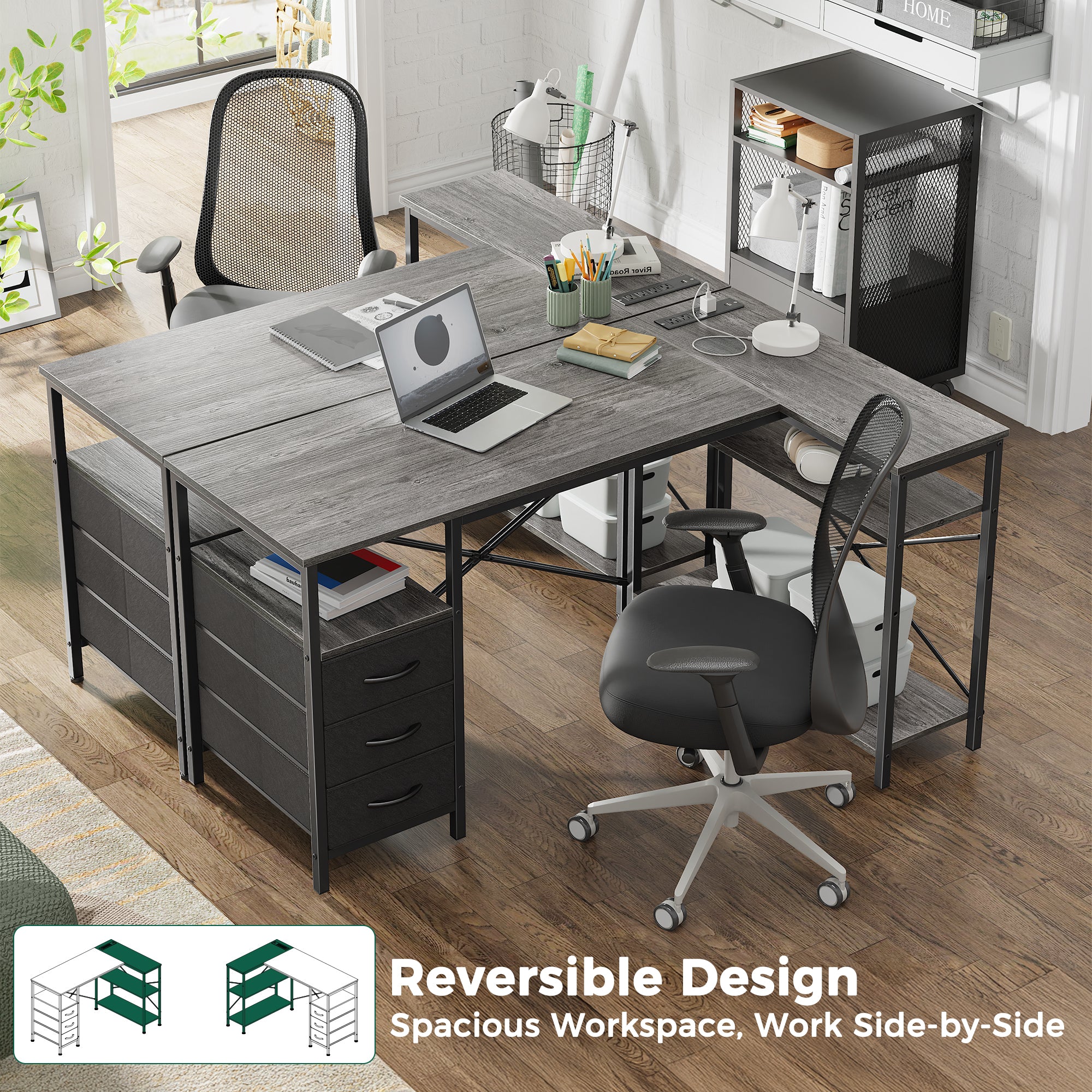 47 Inch L Shaped Office Desk with Power Outlets, Computer Desk with Drawers, Corner Desk for Home Office, Grey