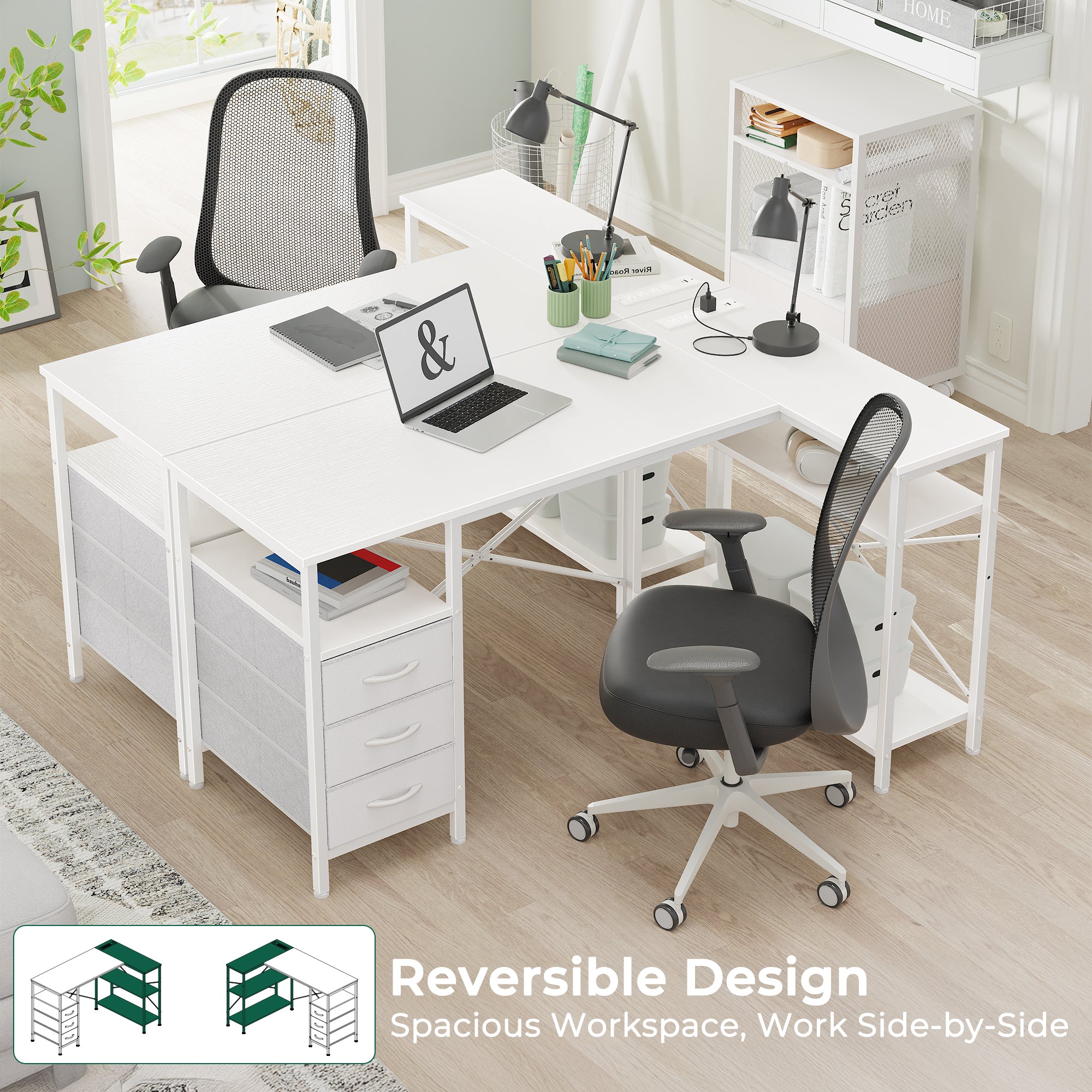 47 Inch L Shaped Office Desk with Power Outlets, Computer Desk with Drawers, Corner Desk for Home Office, White