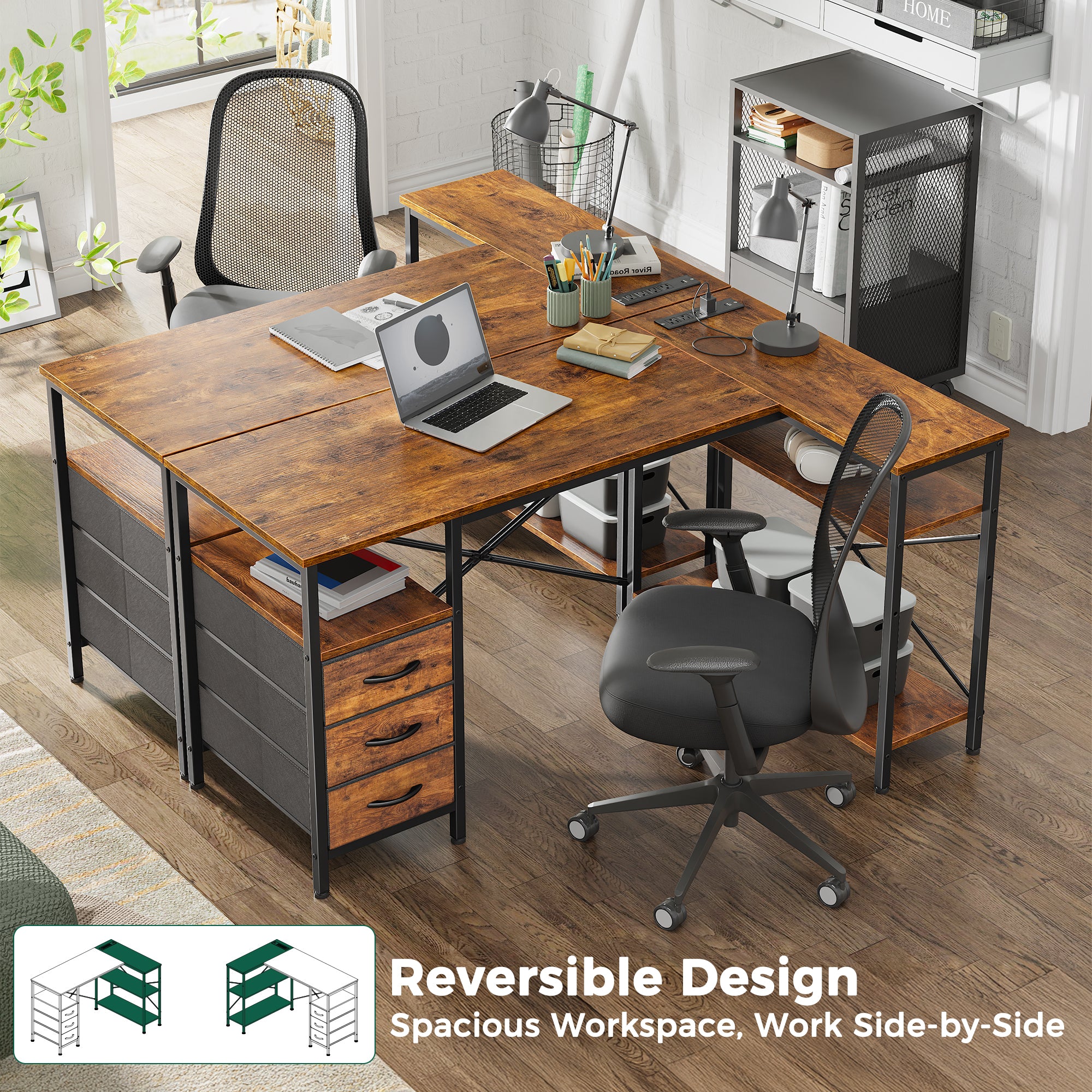 47 Inch L Shaped Office Desk with Power Outlets, Computer Desk with Drawers, Corner Desk for Home Office, Brown