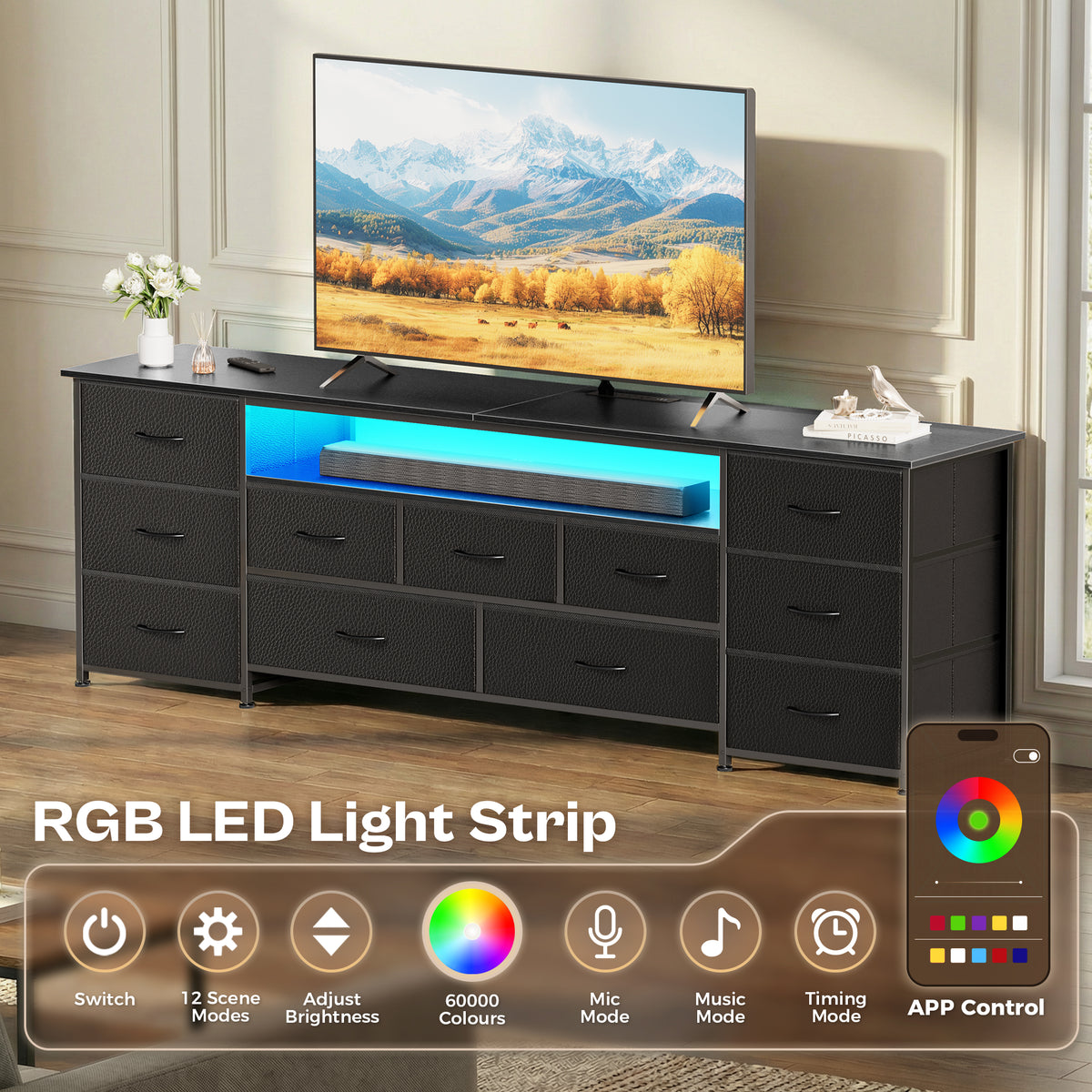 Amadwell Large TV Stand for 75, 80 Inch TVs, 11 Drawers with Power Outlets & LED Lights, 70 inch Entertainment Center