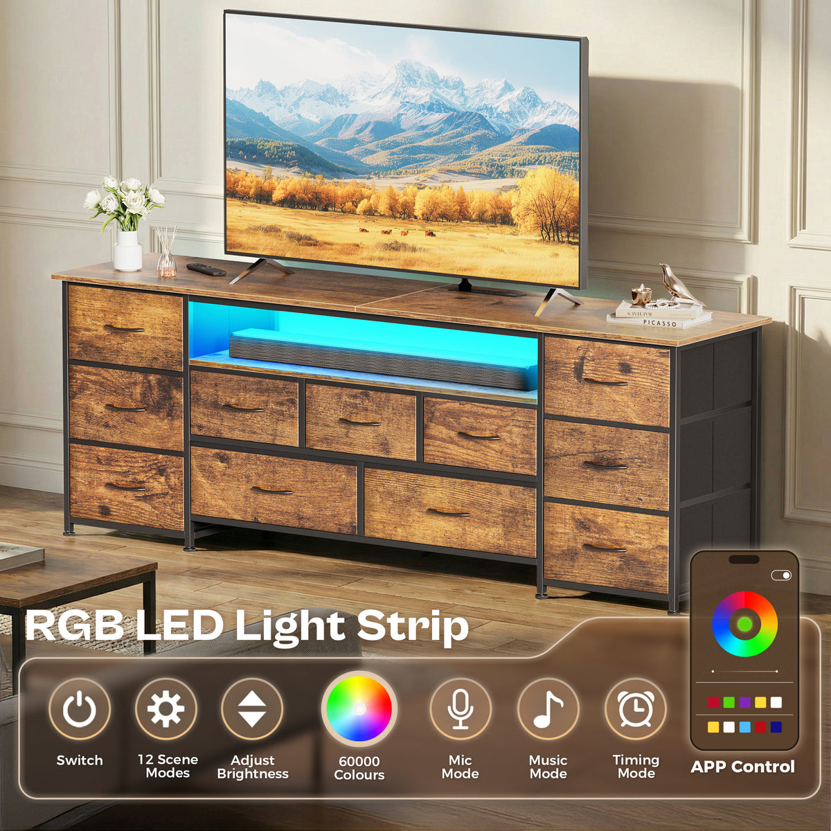 Amadwell Large TV Stand for 65, 70 Inch TVs, 11 Drawers with Power Outlets & LED Lights, 63 inch Entertainment Center, Brown
