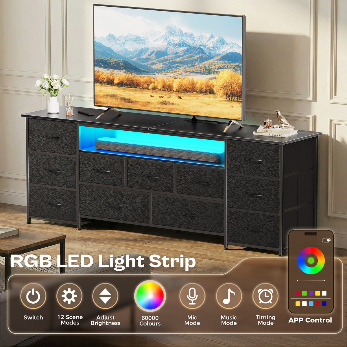 Amadwell Large TV Stand for 65, 70 Inch TVs, 11 Drawers with Power Outlets & LED Lights, 63 inch Entertainment Center, Black