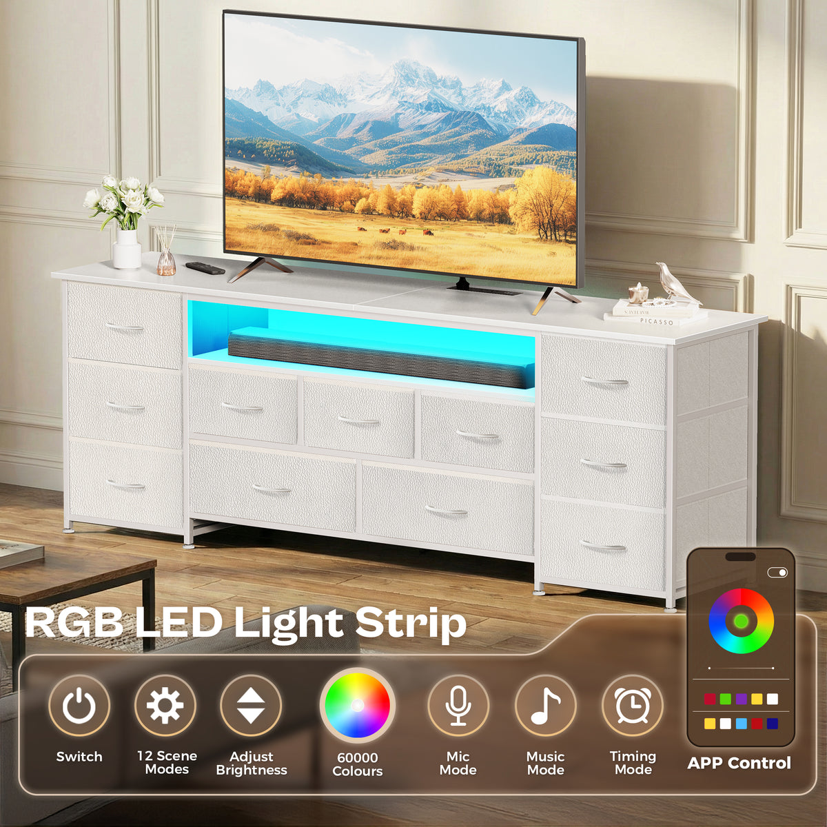 Amadwell Large TV Stand for 65, 70 Inch TVs, 11 Drawers with Power Outlets & LED Lights, 63 inch Entertainment Center, White