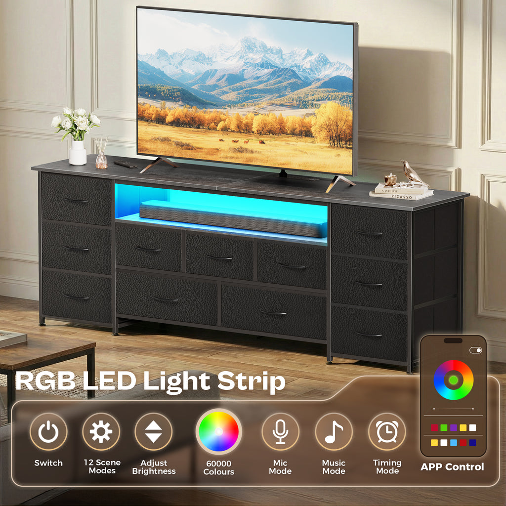Amadwell Large TV Stand for 65, 70 Inch TVs, 11 Drawers with Power Outlets & LED Lights, 63 inch Entertainment Center, Gray
