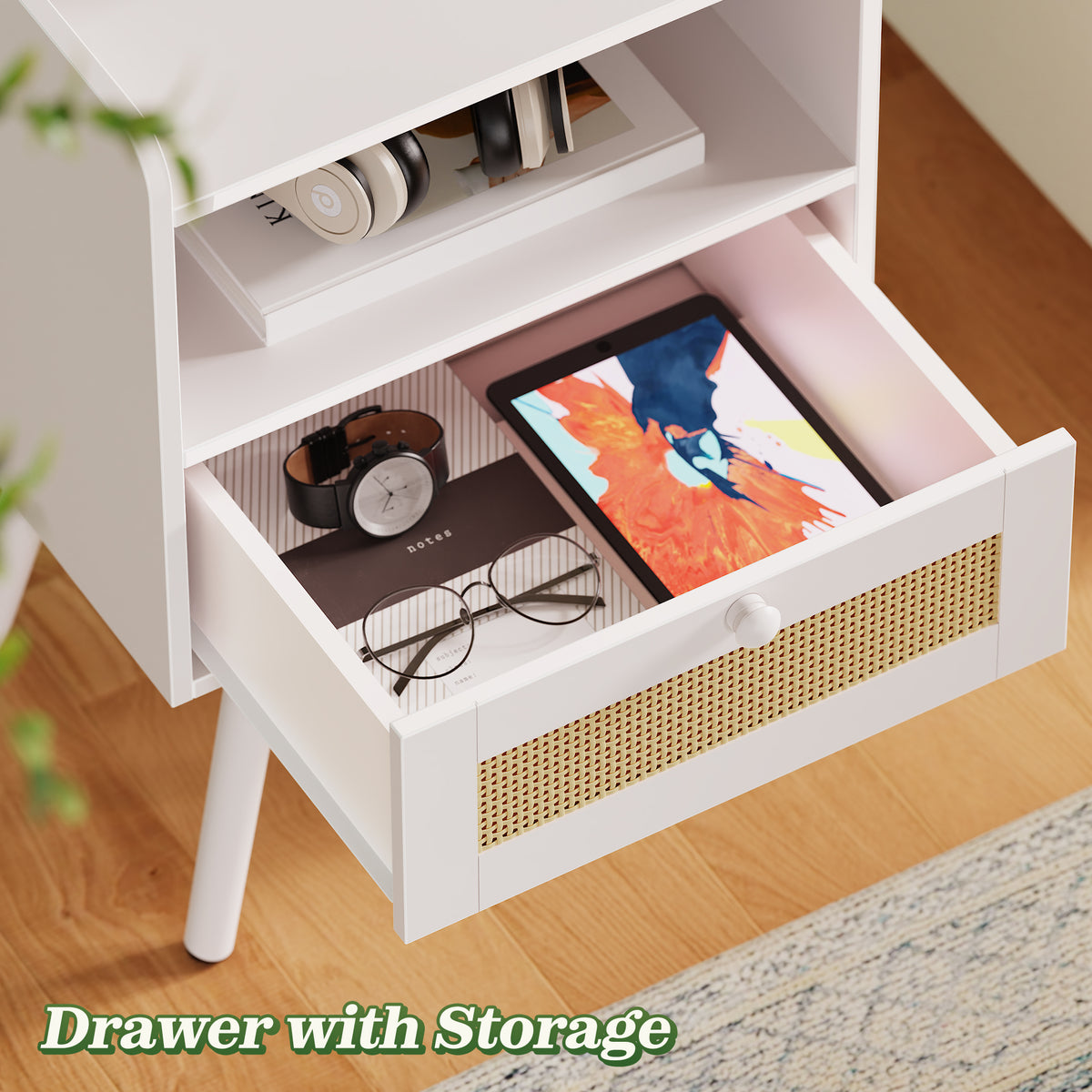 Amadwell Rattan Nightstands Set of 2, Bedside Tables with Charging Station, Storage Drawers & Solid Wood Feet for Bedroom, White