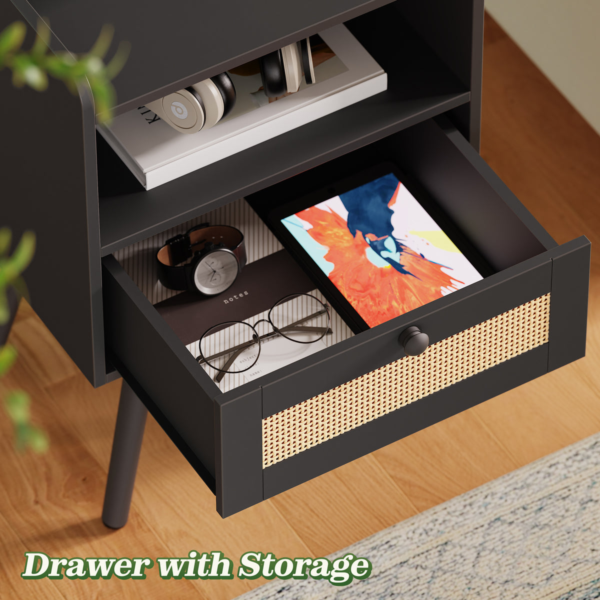 Amadwell Rattan Nightstands Set of 2, Bedside Tables with Charging Station, Storage Drawers & Solid Wood Feet for Bedroom, Black