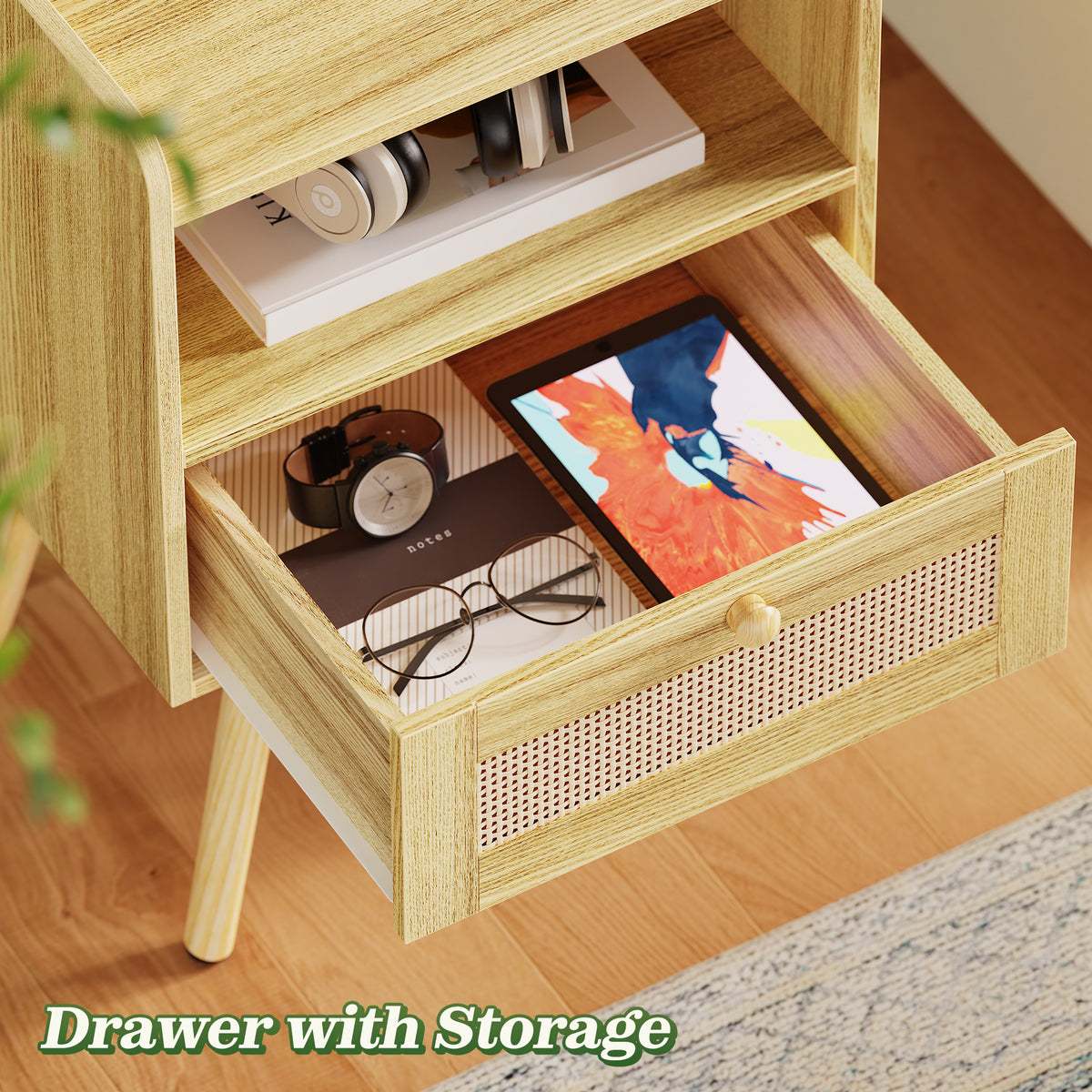 Amadwell Rattan Nightstands Set of 2, Bedside Tables with Charging Station, Storage Drawers & Solid Wood Feet for Bedroom, Yellow