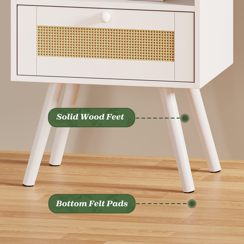 Amadwell Rattan Nightstands Set of 2, Bedside Tables with Charging Station, Storage Drawers & Solid Wood Feet for Bedroom, White