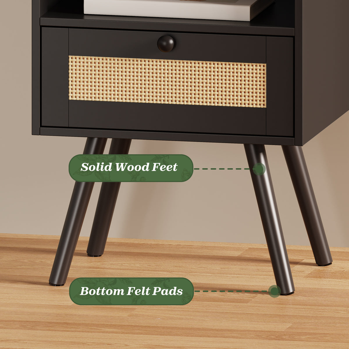 Amadwell Rattan Nightstands Set of 2, Bedside Tables with Charging Station, Storage Drawers & Solid Wood Feet for Bedroom, Black