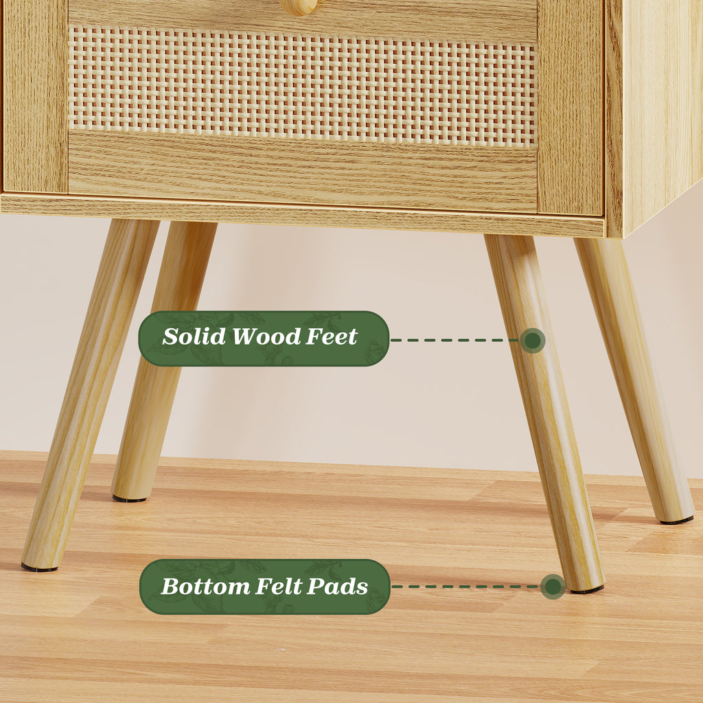 Amadwell Rattan Nightstands Set of 2, Bedside Tables with Charging Station, Storage Drawers & Solid Wood Feet for Bedroom, Yellow