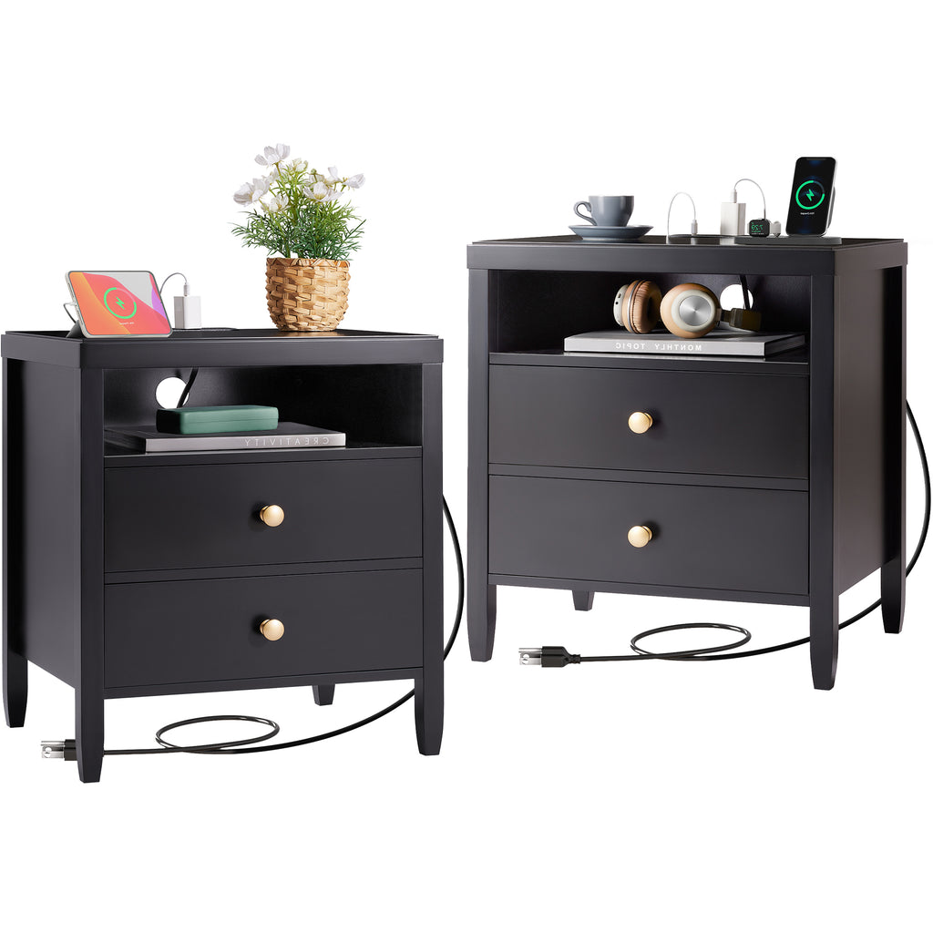 Amadwell Nightstand with Charging Station, Bedside End Table with 2 Drawers & Storage for Bedroom, Black