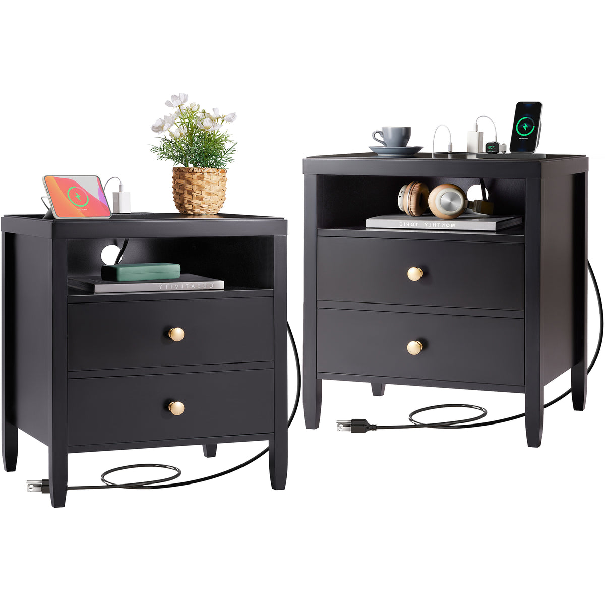 Amadwell Nightstand with Charging Station, Bedside End Table with 2 Drawers & Storage for Bedroom, Black