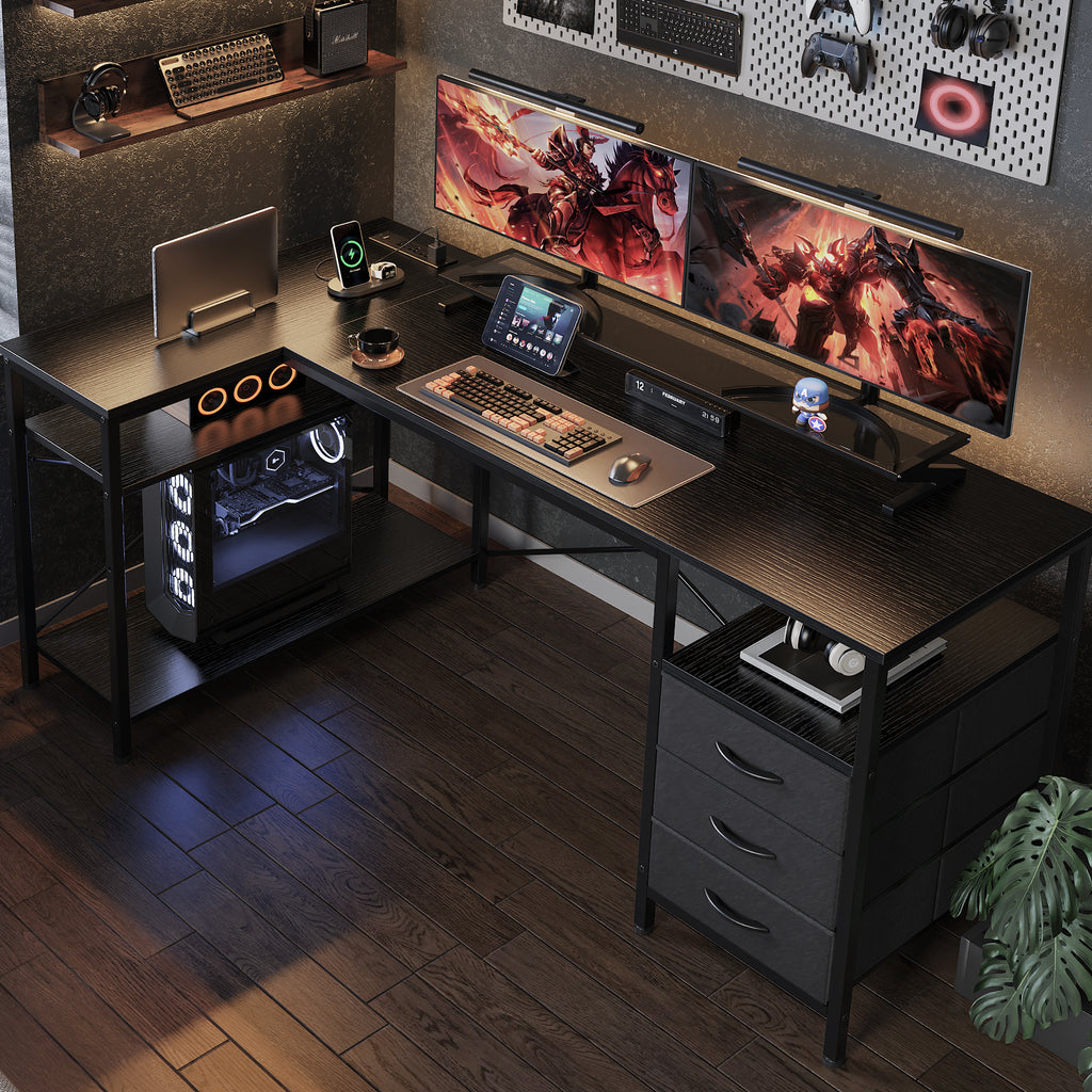 54 Inch L Shaped Office Desk with Power Outlets, Computer Desk with Drawers, Corner Desk for Home Office, Black