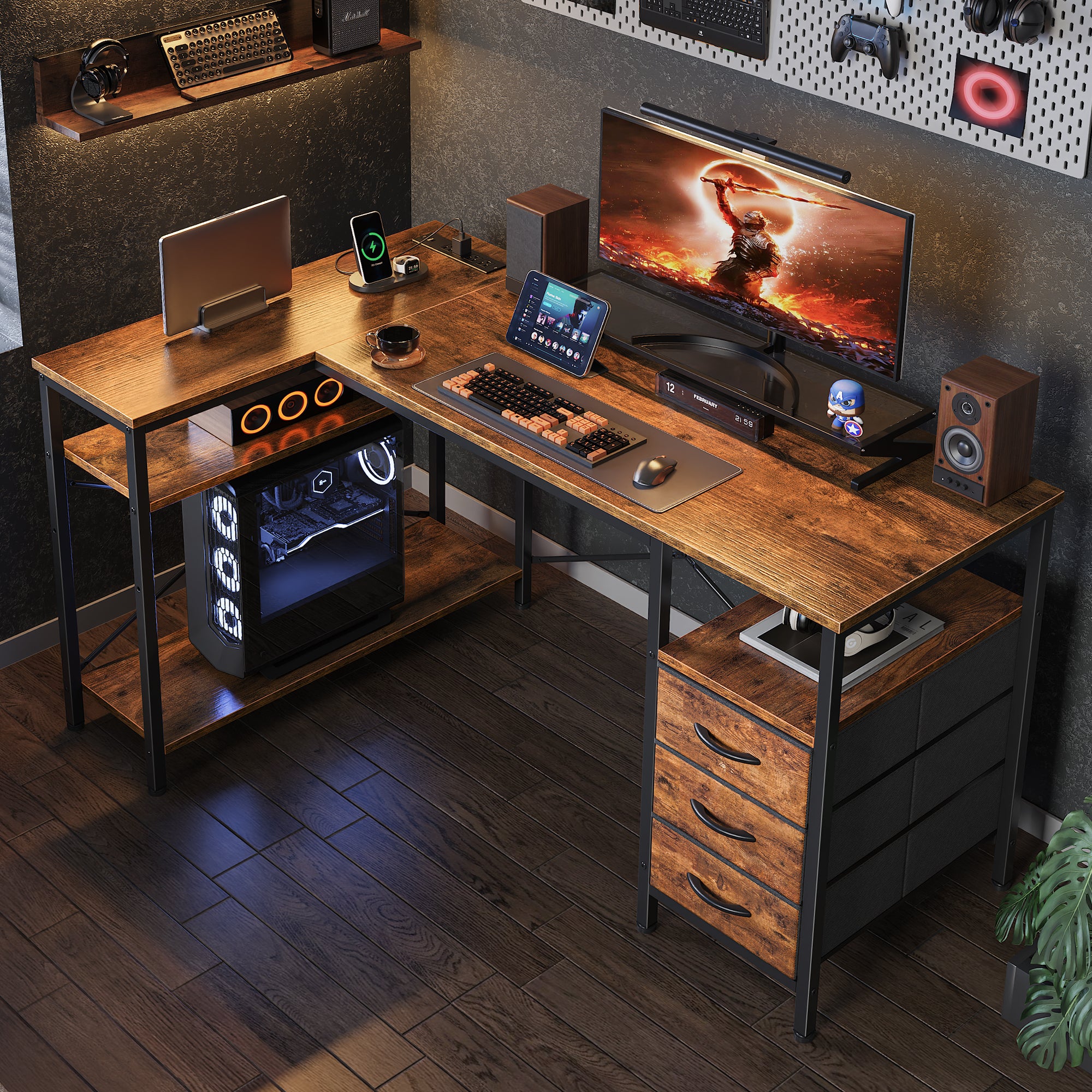 54 Inch L Shaped Office Desk with Power Outlets, Computer Desk with Drawers, Corner Desk for Home Office, Rustic Brown