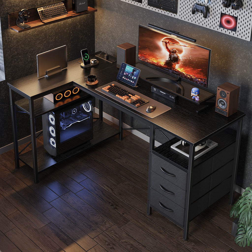 47 Inch L Shaped Office Desk with Power Outlets, Computer Desk with Drawers, Corner Desk for Home Office, Black