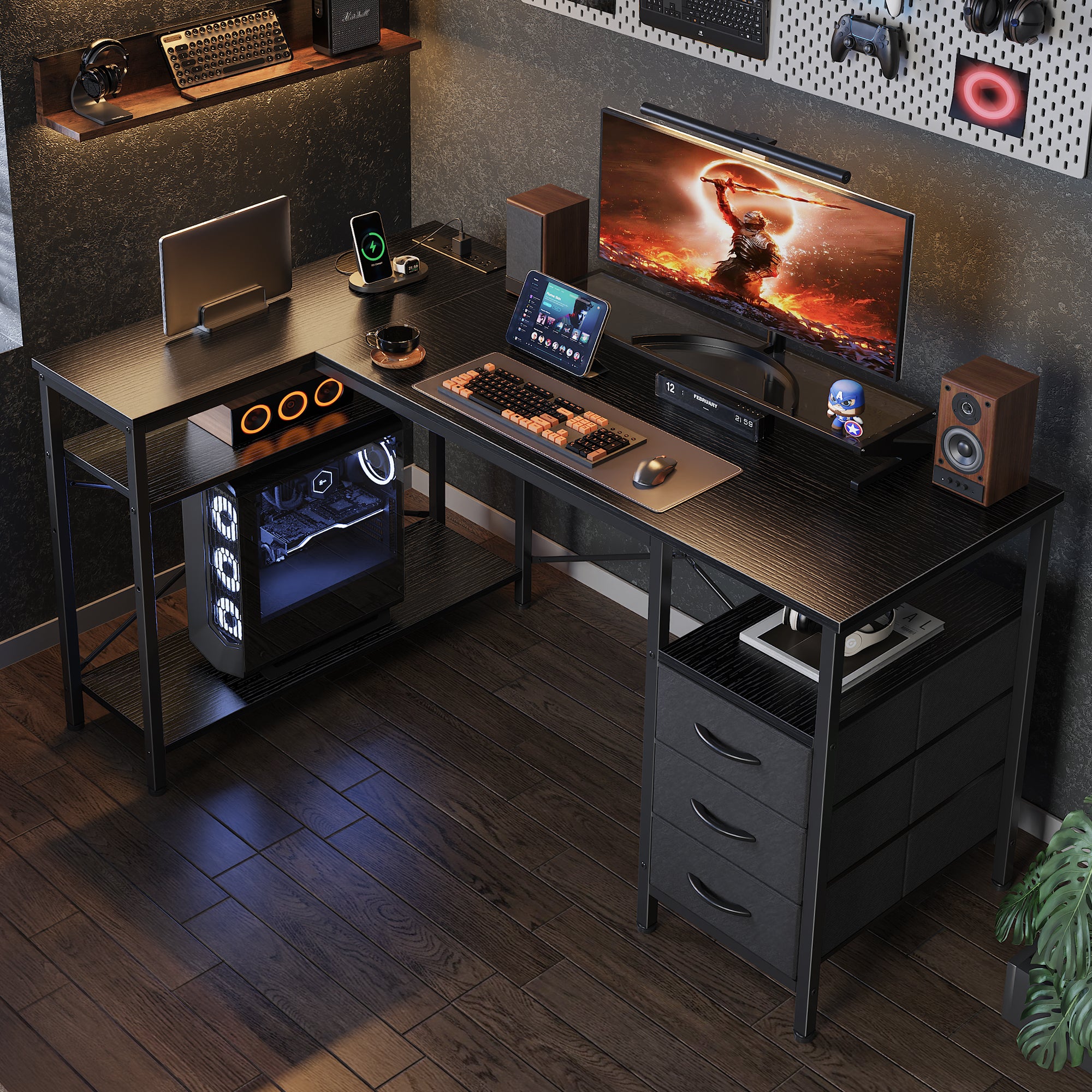 47 Inch L Shaped Office Desk with Power Outlets, Computer Desk with Drawers, Corner Desk for Home Office, Black