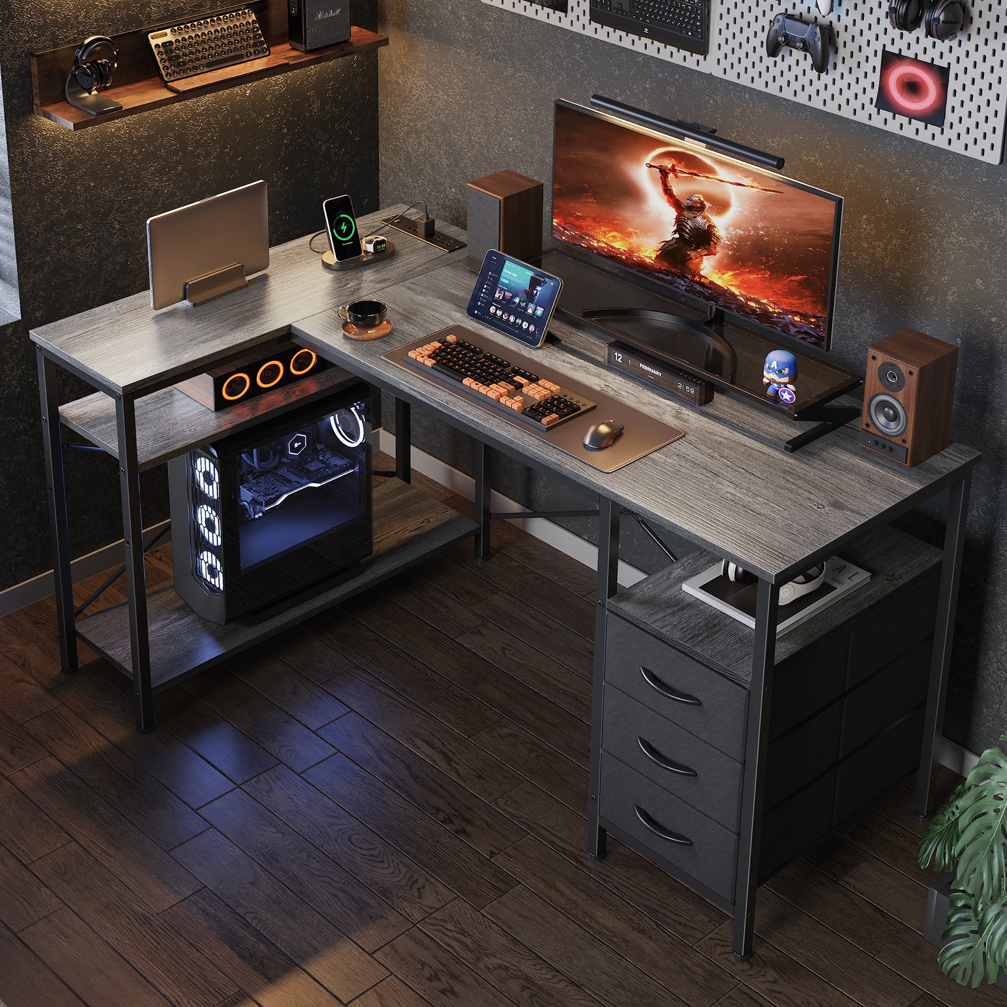 47 Inch L Shaped Office Desk with Power Outlets, Computer Desk with Drawers, Corner Desk for Home Office, Grey