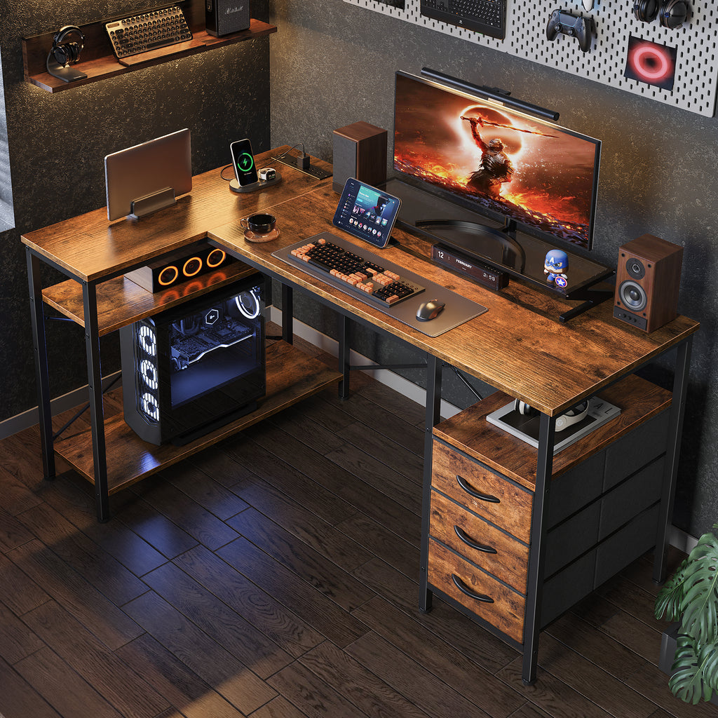 47 Inch L Shaped Office Desk with Power Outlets, Computer Desk with Drawers, Corner Desk for Home Office, Brown