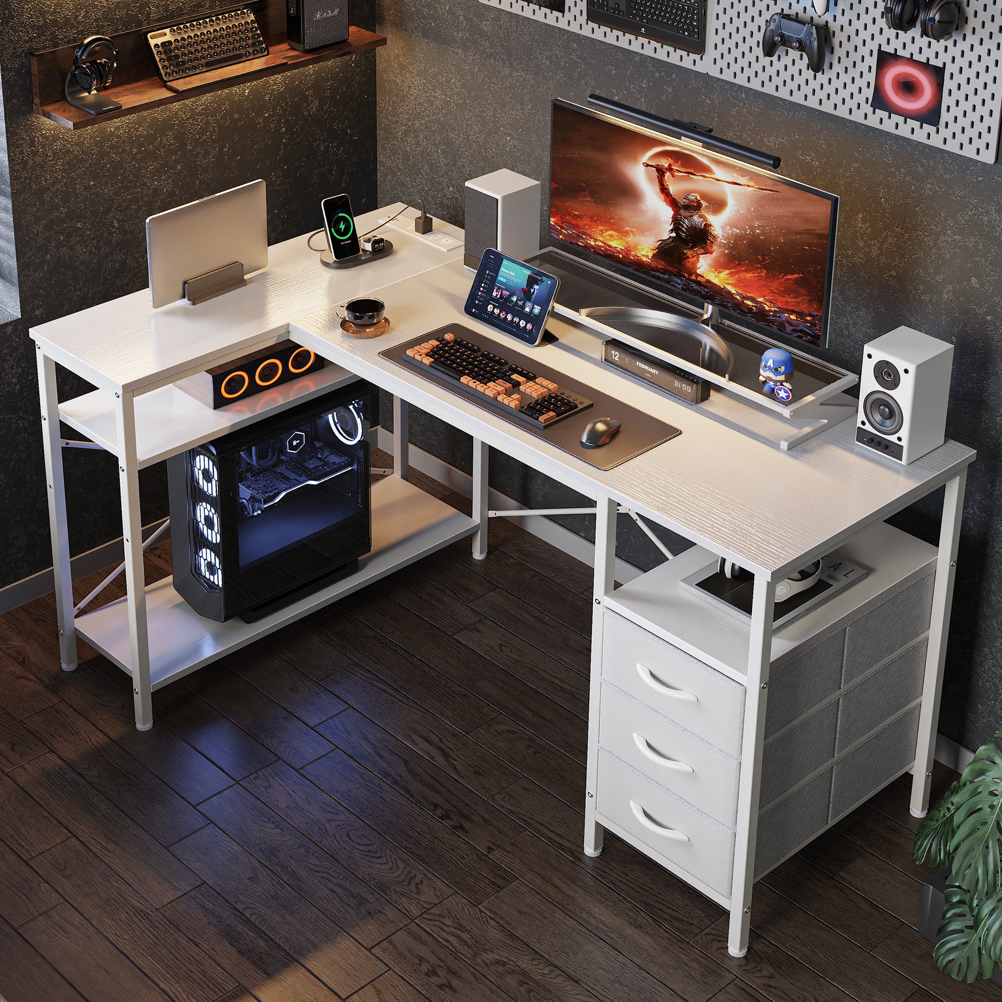 47 Inch L Shaped Office Desk with Power Outlets, Computer Desk with Drawers, Corner Desk for Home Office, White