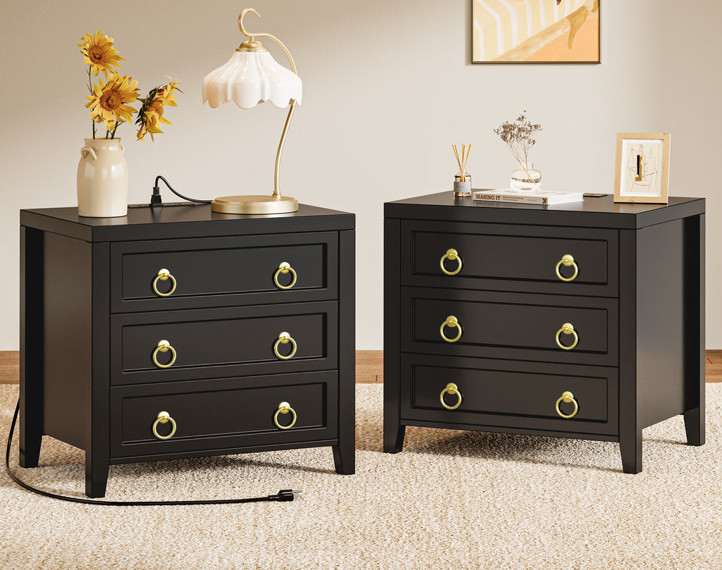 Amadwell Nightstands Set of 2 with Charging Station, 3 Drawer Bedside Table with USB-C Ports, Storage Nightstand for Bedroom, White