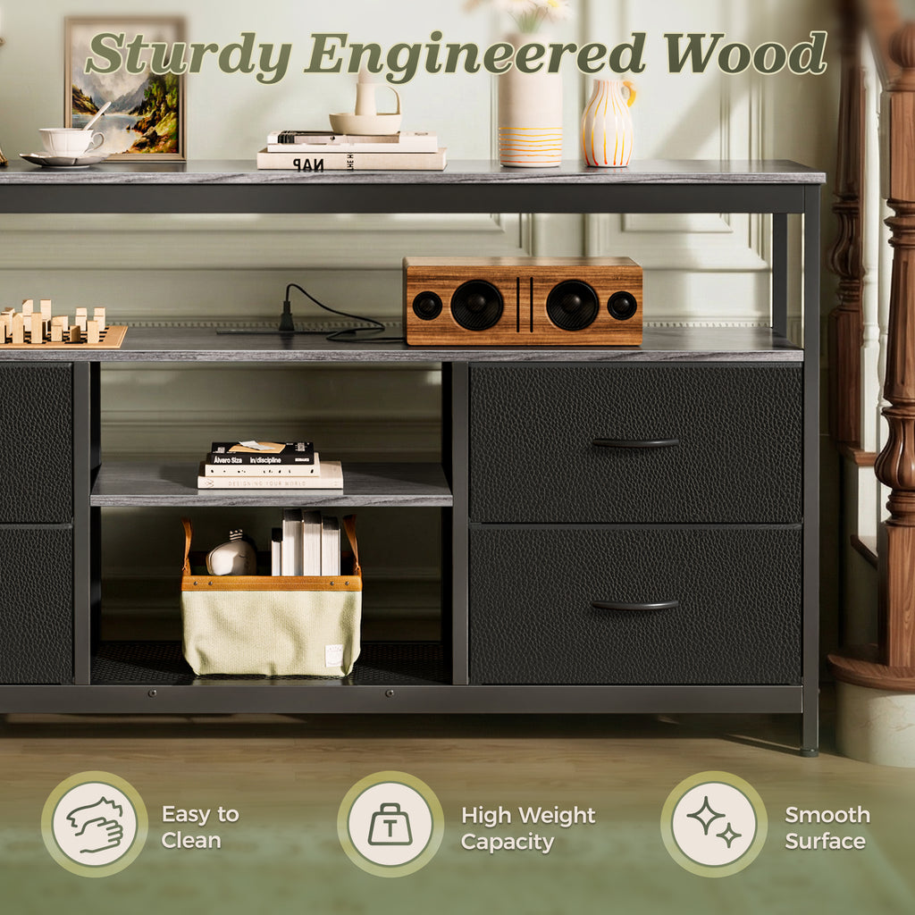 Amadwell TV Stand with Power Outlets & LED Lights, 4 Drawer Dresser Entertainment Center, Media Console with Open Shelf, Gray